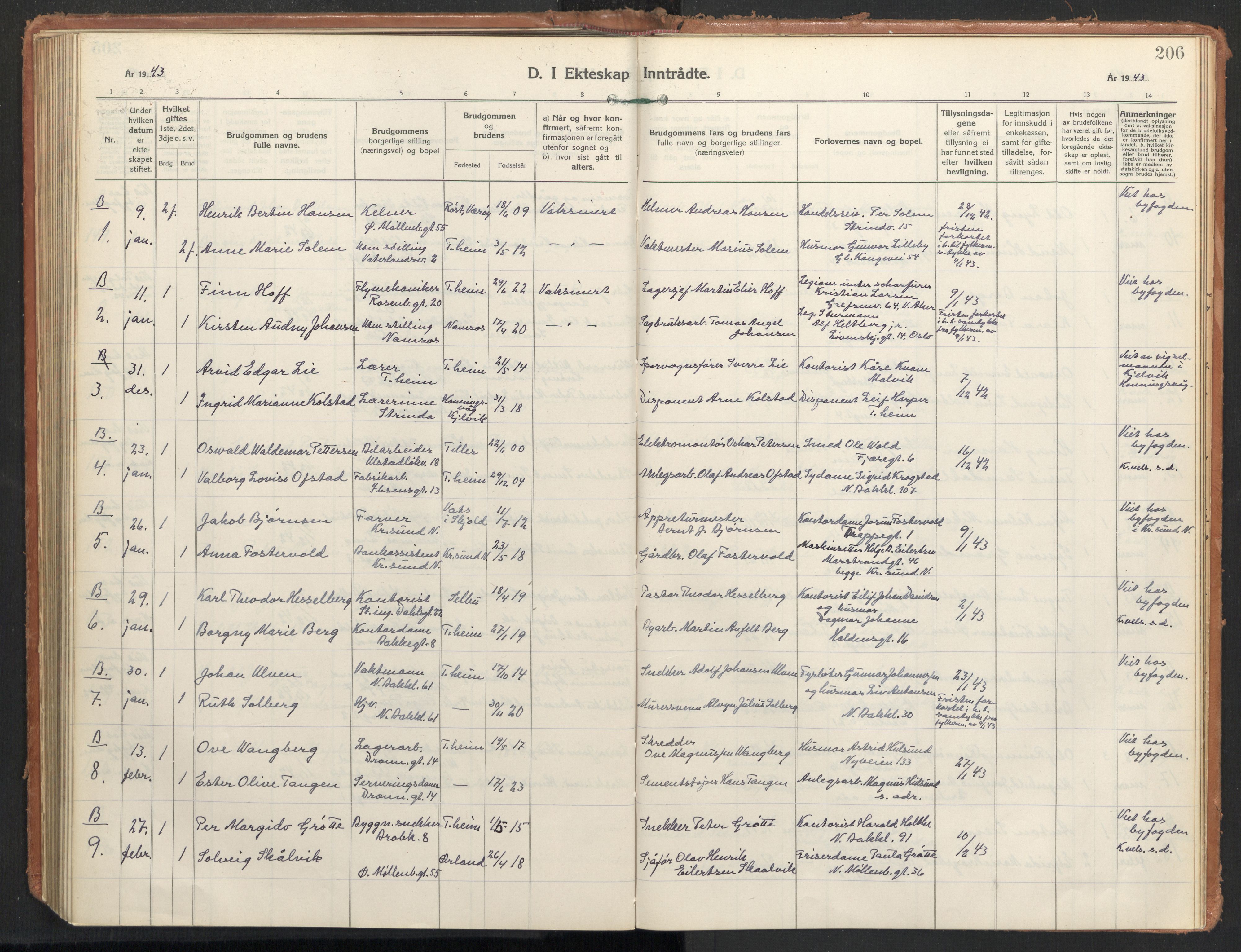 Ministerialprotokoller, klokkerbøker og fødselsregistre - Sør-Trøndelag, SAT/A-1456/604/L0209: Parish register (official) no. 604A29, 1931-1945, p. 206