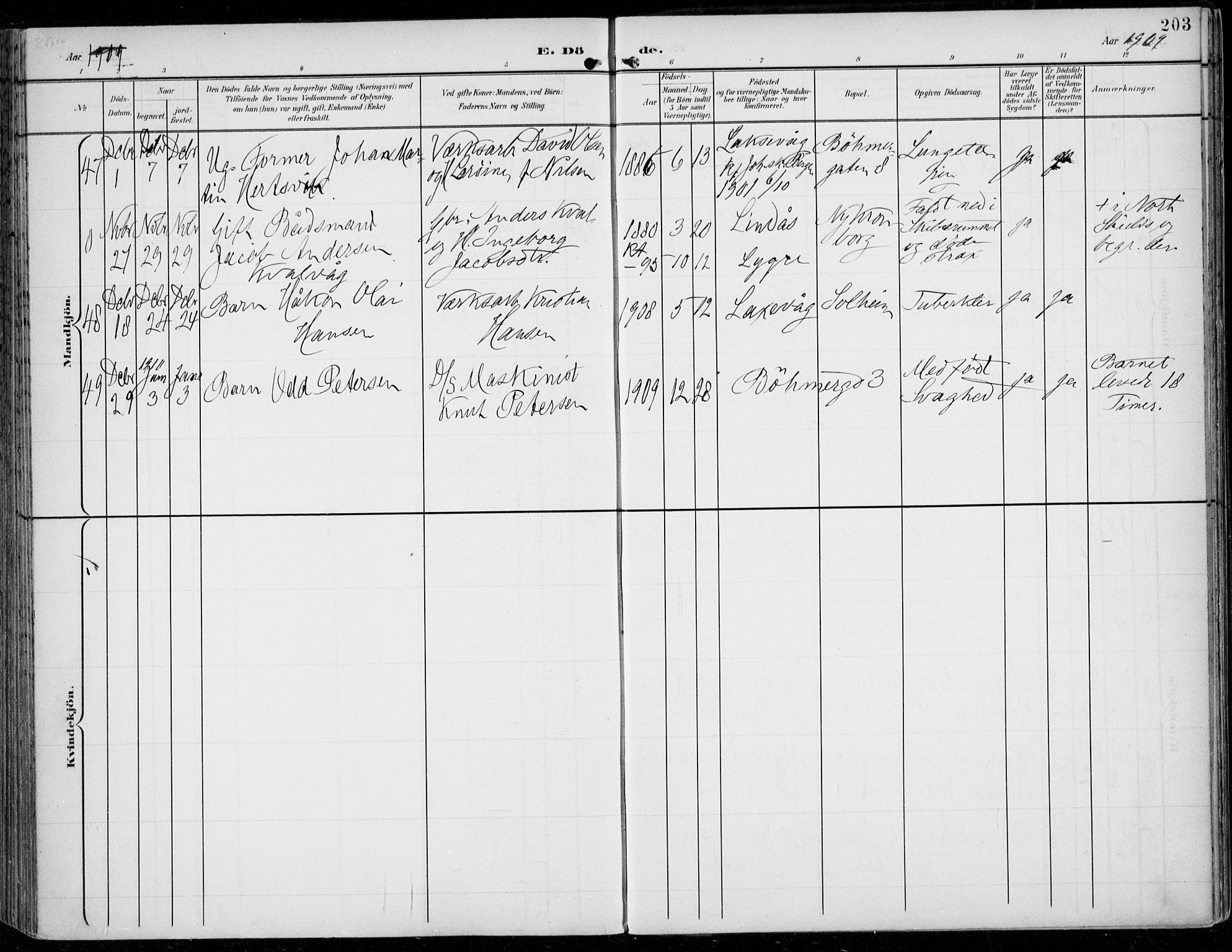 Årstad Sokneprestembete, AV/SAB-A-79301/H/Haa/L0009: Parish register (official) no. C 1, 1902-1918, p. 203