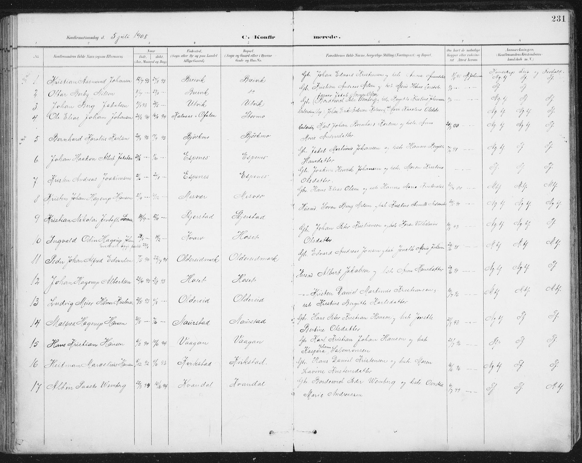 Ministerialprotokoller, klokkerbøker og fødselsregistre - Nordland, SAT/A-1459/852/L0741: Parish register (official) no. 852A11, 1894-1917, p. 231