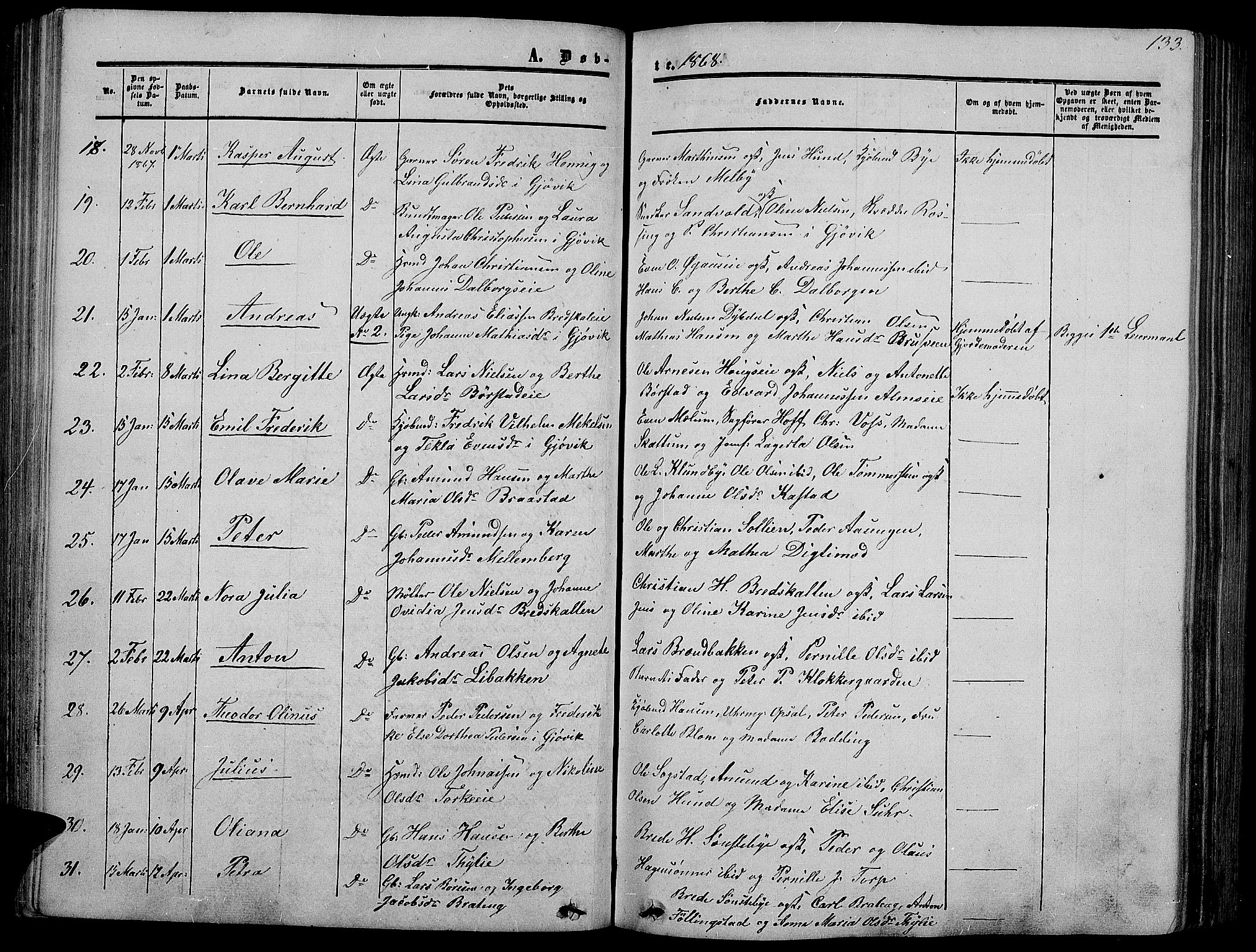 Vardal prestekontor, SAH/PREST-100/H/Ha/Hab/L0005: Parish register (copy) no. 5, 1854-1868, p. 133