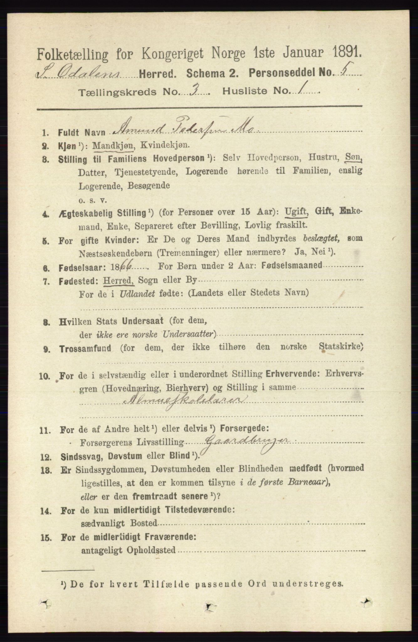 RA, 1891 census for 0419 Sør-Odal, 1891, p. 1157