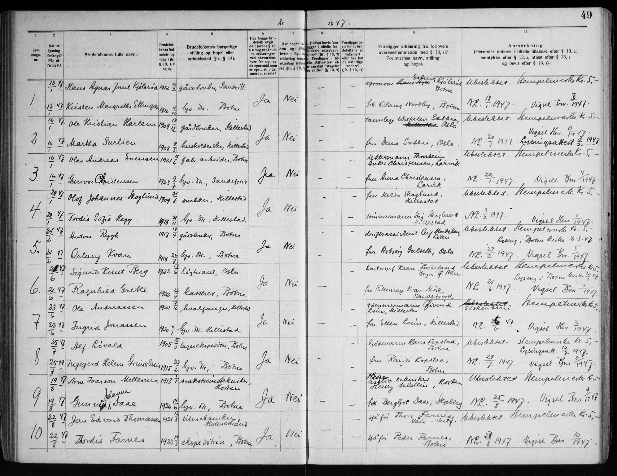 Botne kirkebøker, AV/SAKO-A-340/H/Ha/L0001: Banns register no. 1, 1919-1965, p. 49