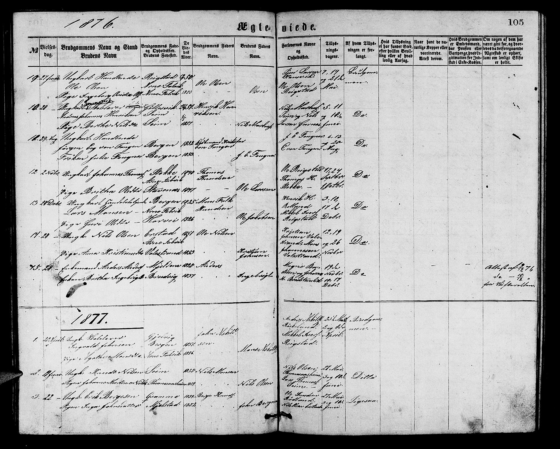 Arna Sokneprestembete, SAB/A-74001/H/Ha/Hab: Parish register (copy) no. A 1, 1869-1879, p. 105