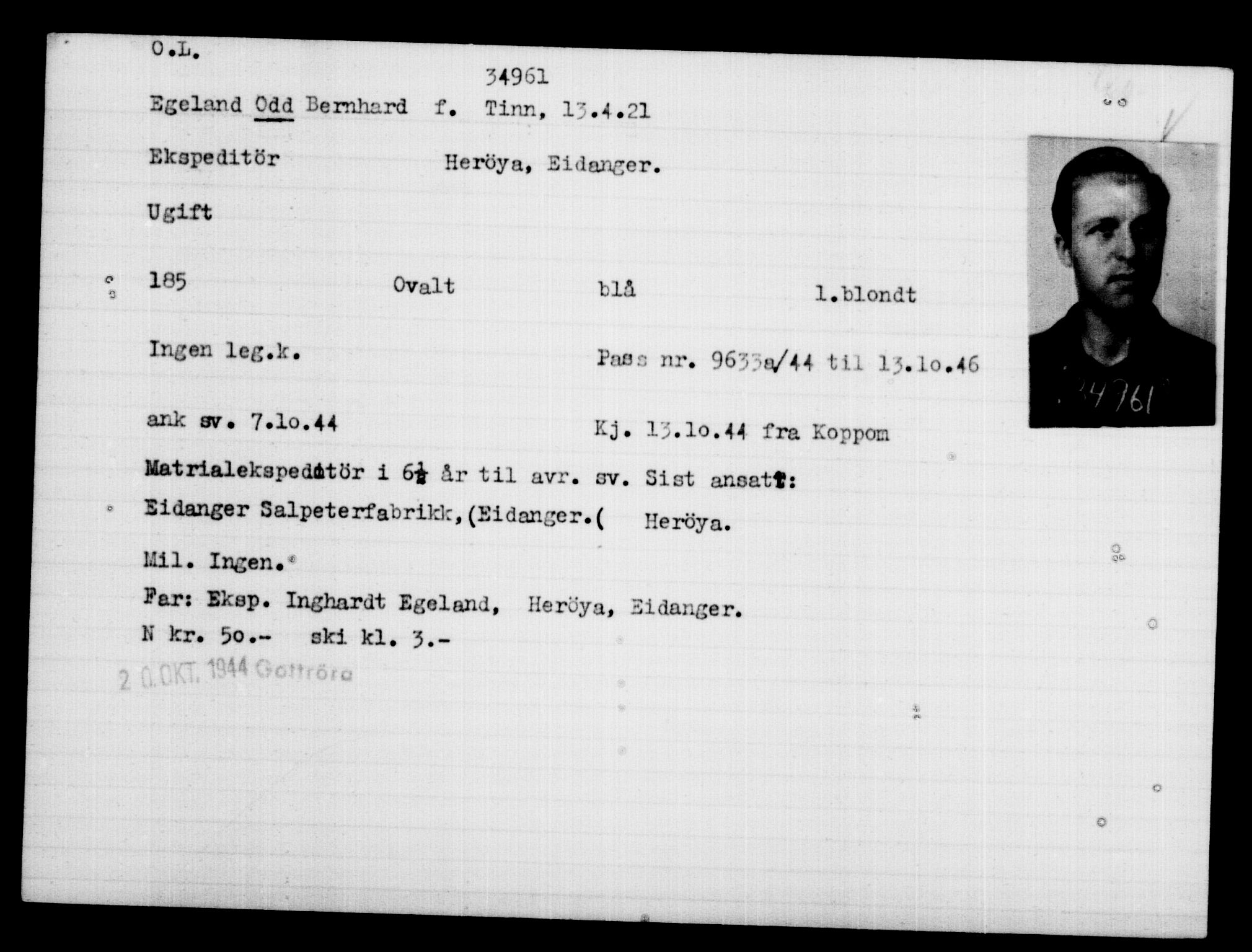 Utenriksstasjonene, Legasjonen i Stockholm, Flyktningkontoret, AV/RA-S-6753/V/Va/L0014: Kjesäterkartoteket, flyktninger med registreringsnr. 34700-37855, 1940-1945, p. 274