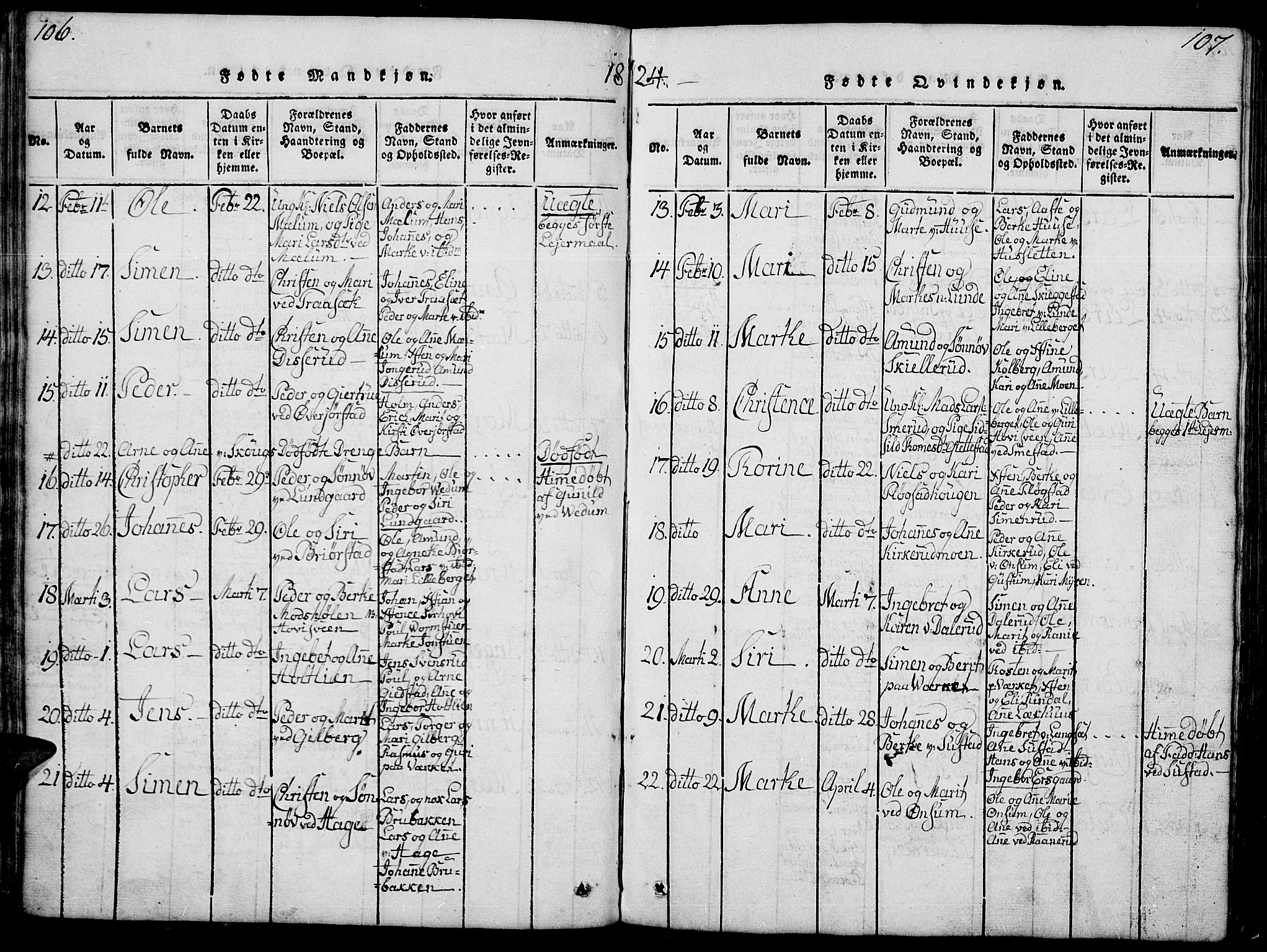 Fåberg prestekontor, SAH/PREST-086/H/Ha/Hab/L0004: Parish register (copy) no. 4, 1818-1837, p. 106-107