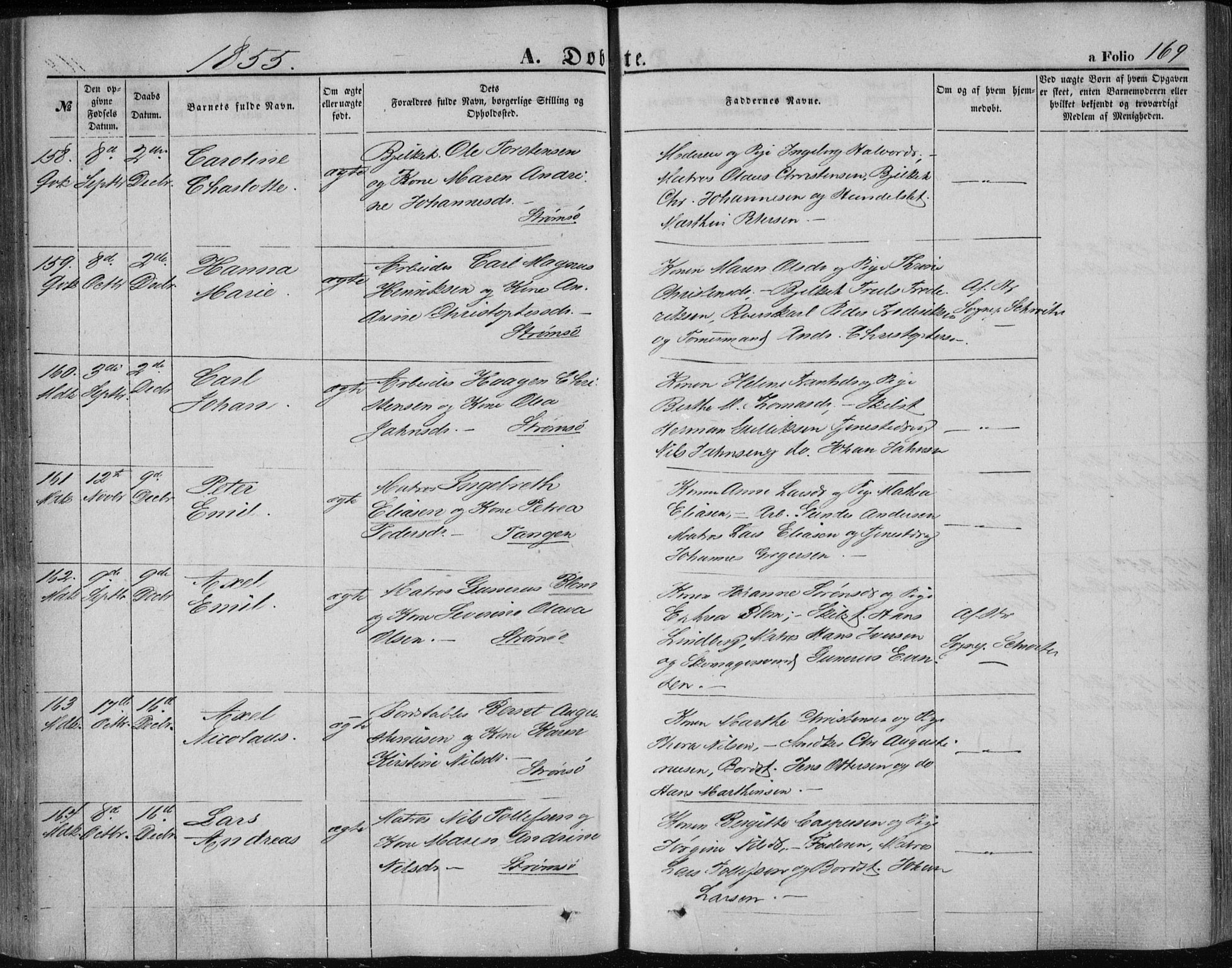 Strømsø kirkebøker, SAKO/A-246/F/Fa/L0014: Parish register (official) no. I 14, 1848-1858, p. 169