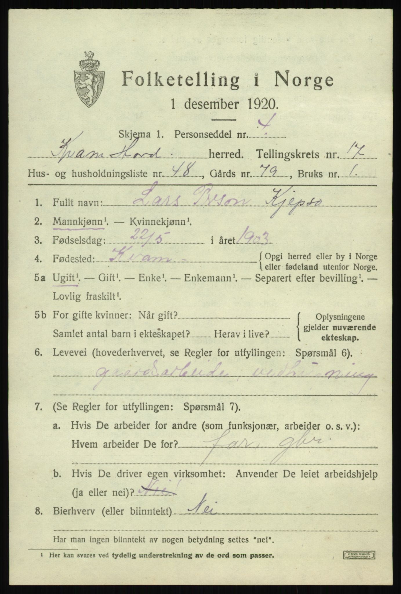 SAB, 1920 census for Kvam, 1920, p. 9855