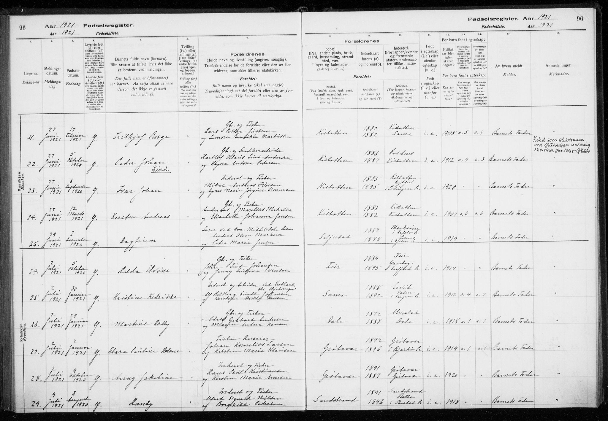 Trondenes sokneprestkontor, AV/SATØ-S-1319/I/Ia/L0089: Birth register no. 89, 1916-1925, p. 96