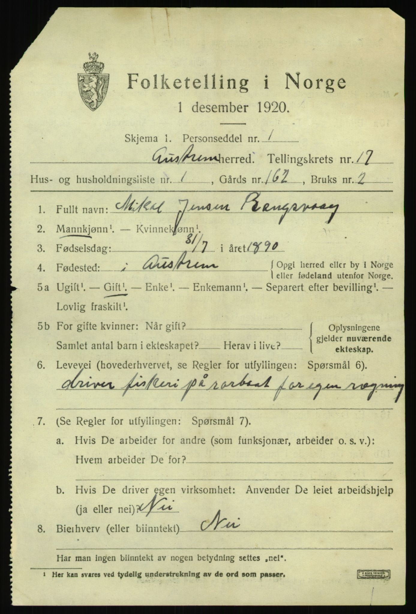 SAB, 1920 census for Austrheim, 1920, p. 5412