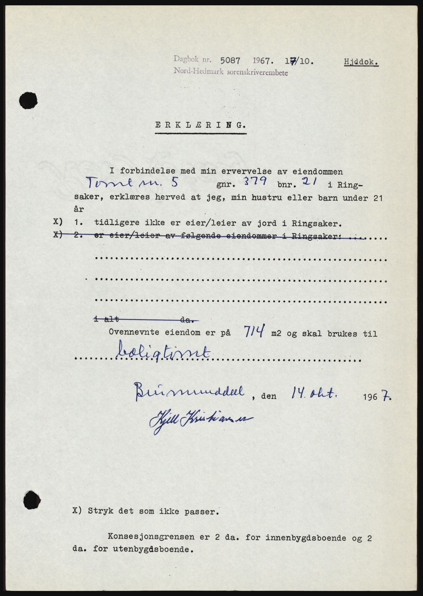 Nord-Hedmark sorenskriveri, SAH/TING-012/H/Hc/L0026: Mortgage book no. 26, 1967-1967, Diary no: : 5087/1967