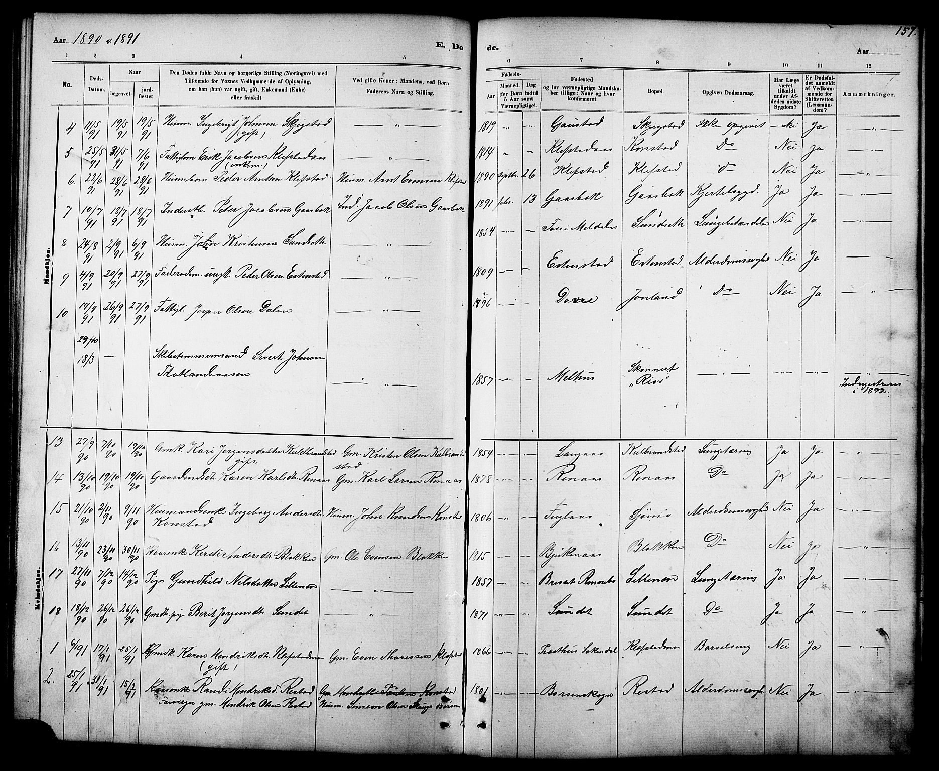 Ministerialprotokoller, klokkerbøker og fødselsregistre - Sør-Trøndelag, AV/SAT-A-1456/694/L1132: Parish register (copy) no. 694C04, 1887-1914, p. 157