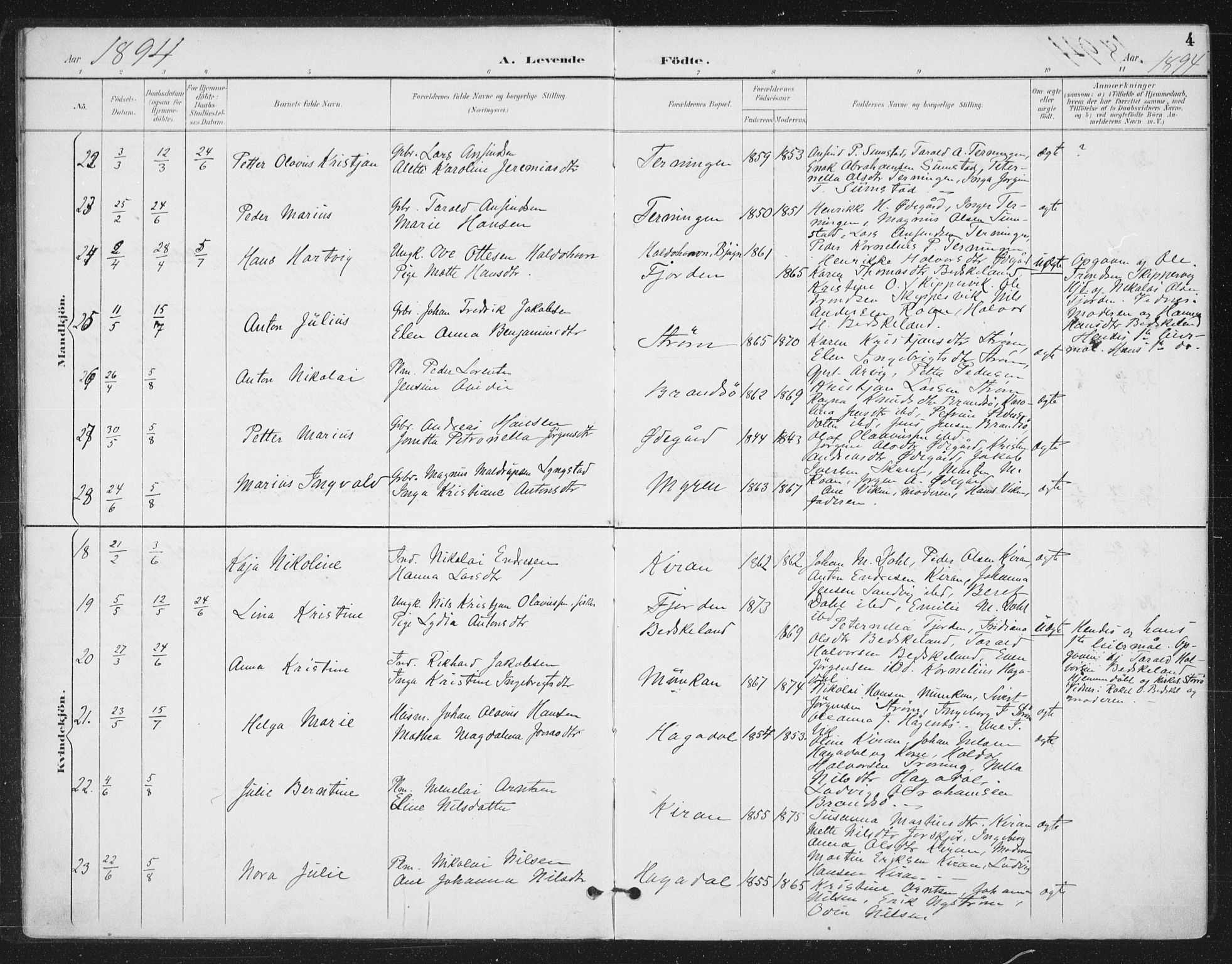 Ministerialprotokoller, klokkerbøker og fødselsregistre - Sør-Trøndelag, AV/SAT-A-1456/657/L0708: Parish register (official) no. 657A09, 1894-1904, p. 4