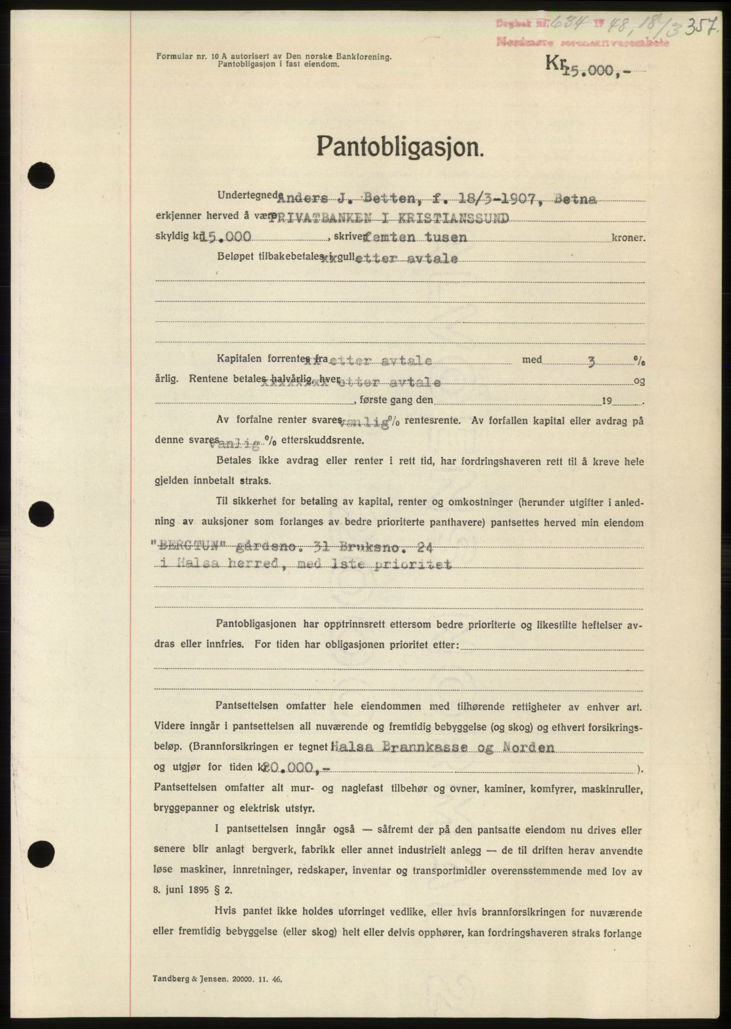 Nordmøre sorenskriveri, AV/SAT-A-4132/1/2/2Ca: Mortgage book no. B98, 1948-1948, Diary no: : 634/1948