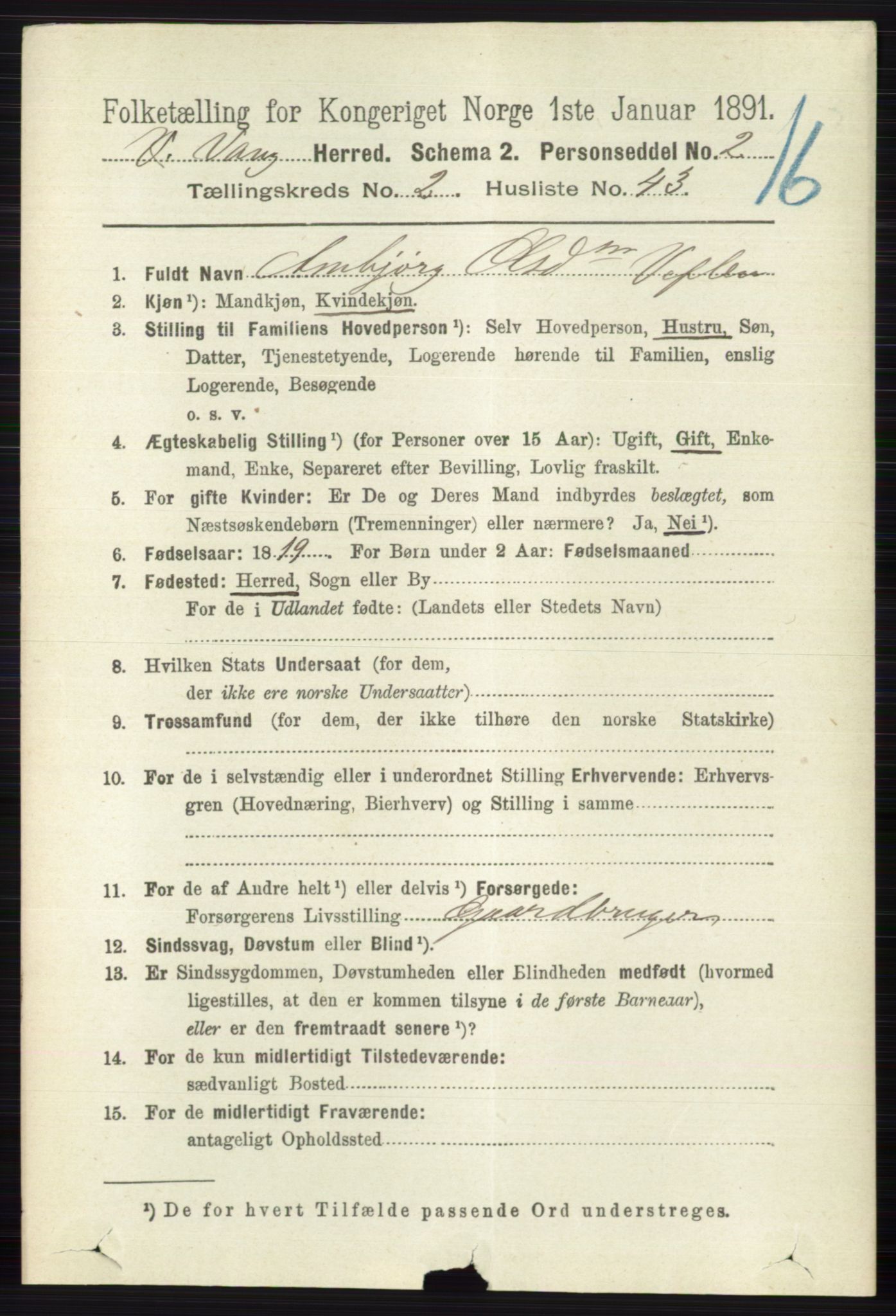 RA, 1891 census for 0545 Vang, 1891, p. 672