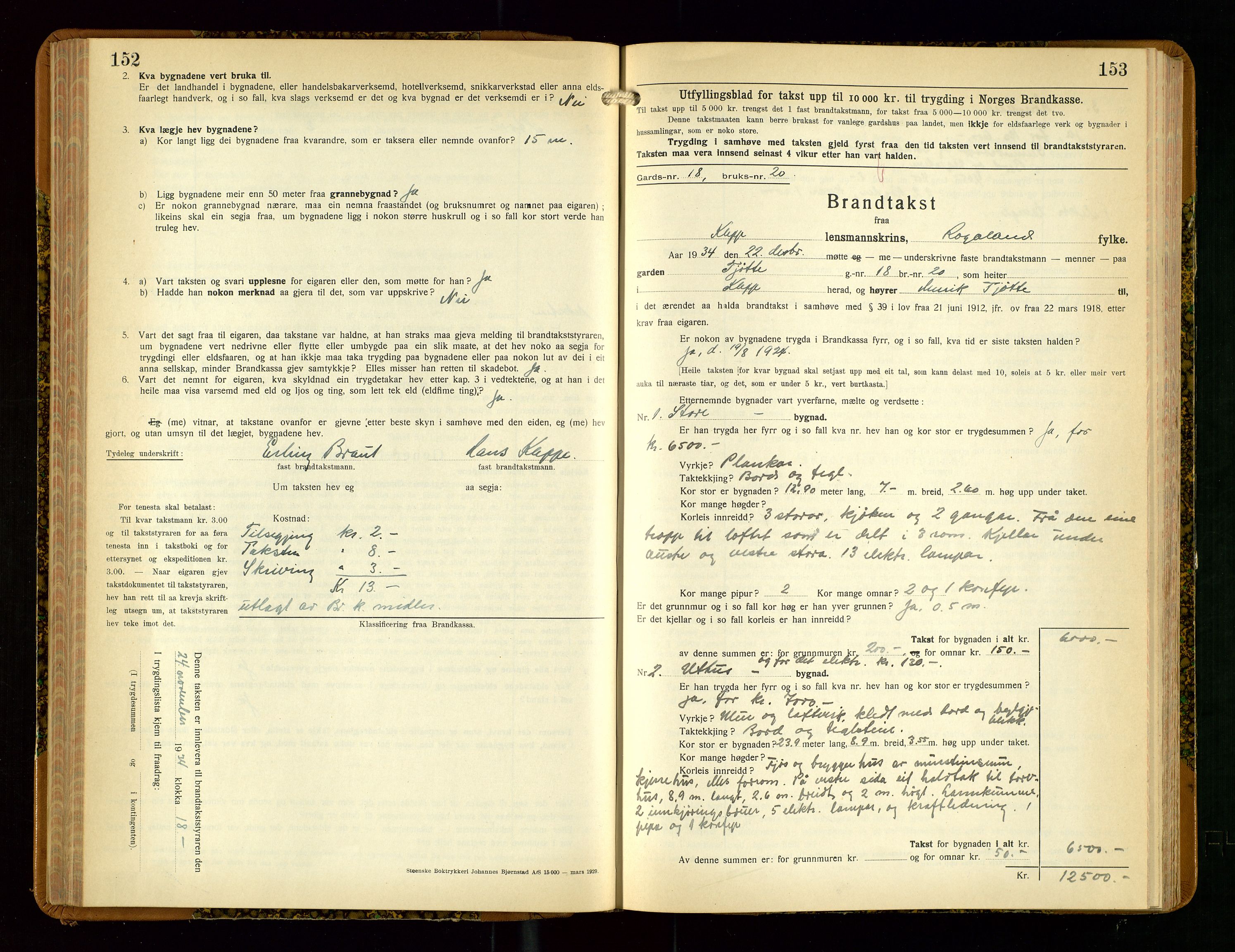 Klepp lensmannskontor, SAST/A-100163/Goc/L0013: "Brandtakstbok" m/register, 1933-1937, p. 152-153