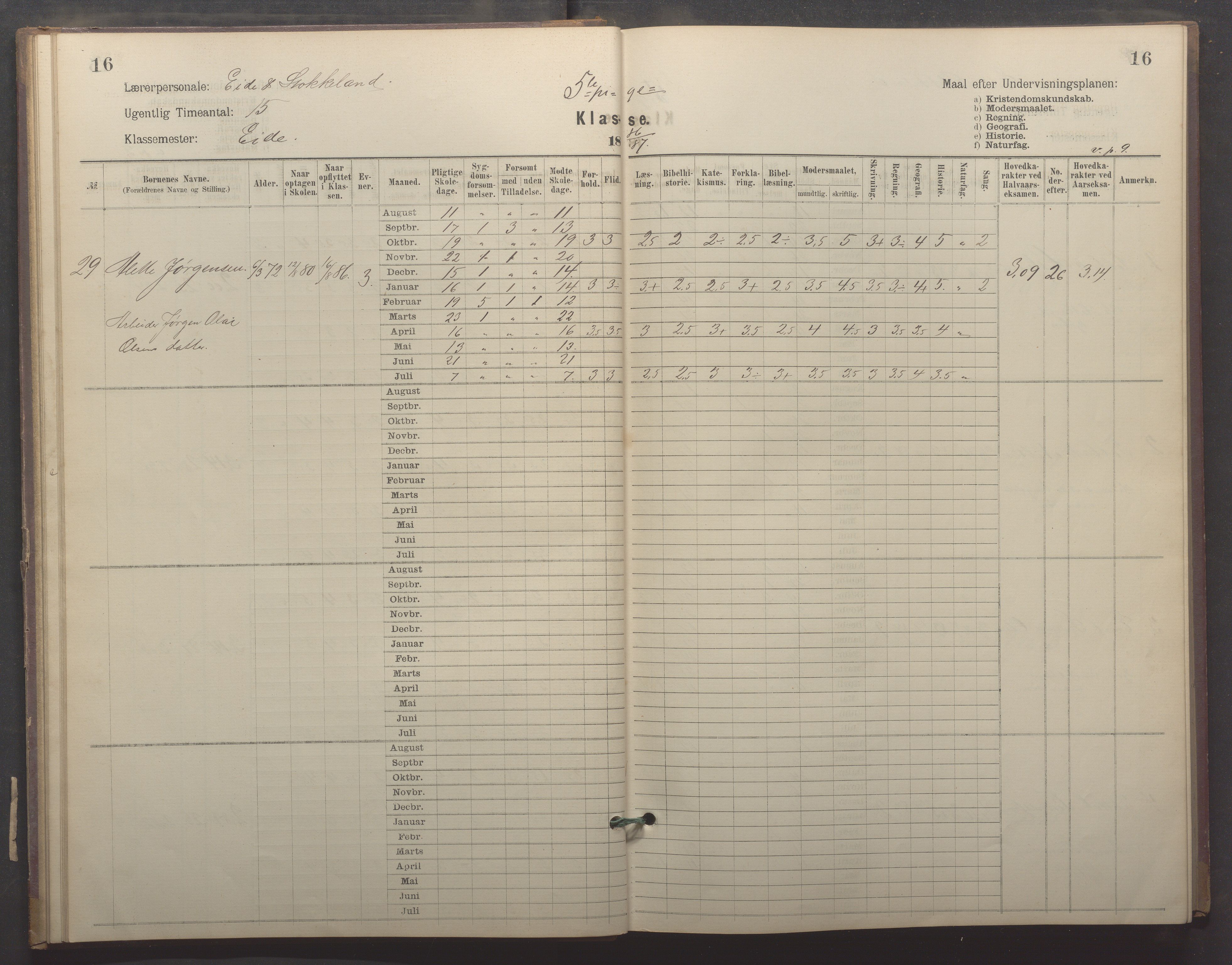 Egersund kommune (Ladested) - Egersund almueskole/folkeskole, IKAR/K-100521/H/L0022: Skoleprotokoll - Almueskolen, 5. klasse, 1886-1892, p. 16