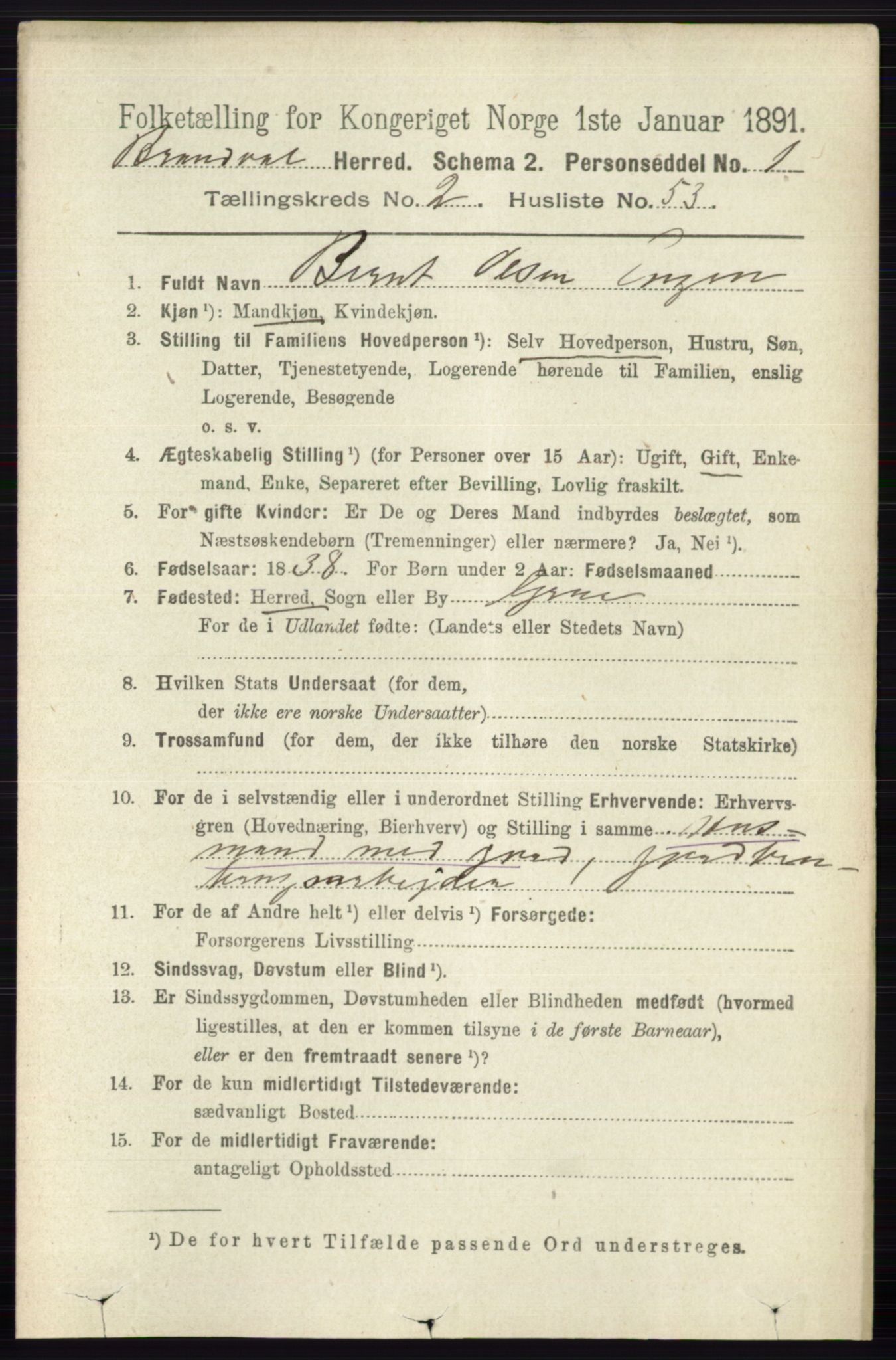 RA, 1891 census for 0422 Brandval, 1891, p. 1150