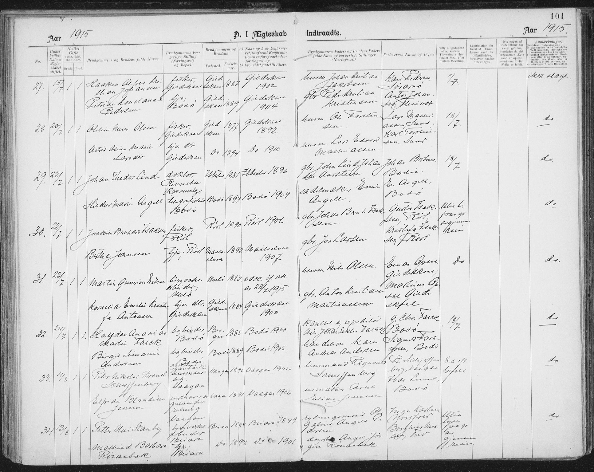 Ministerialprotokoller, klokkerbøker og fødselsregistre - Nordland, AV/SAT-A-1459/801/L0012: Parish register (official) no. 801A12, 1900-1916, p. 101