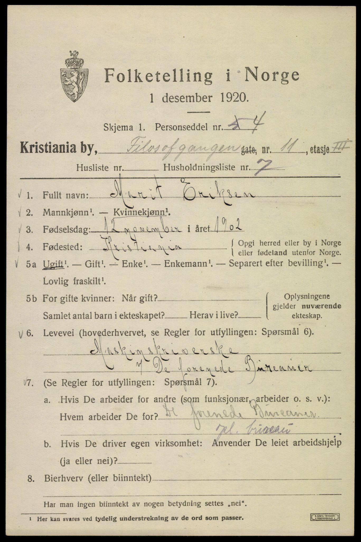 SAO, 1920 census for Kristiania, 1920, p. 229049