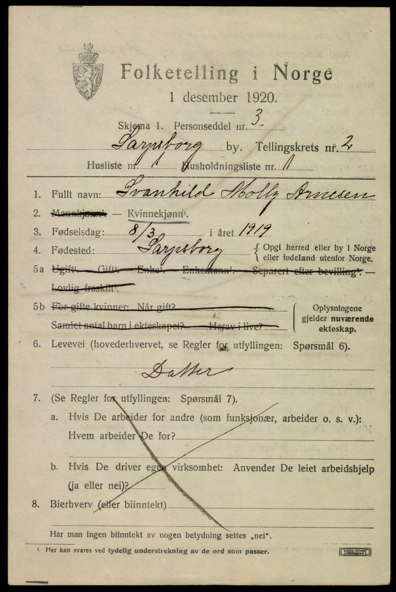 SAO, 1920 census for Sarpsborg, 1920, p. 9286