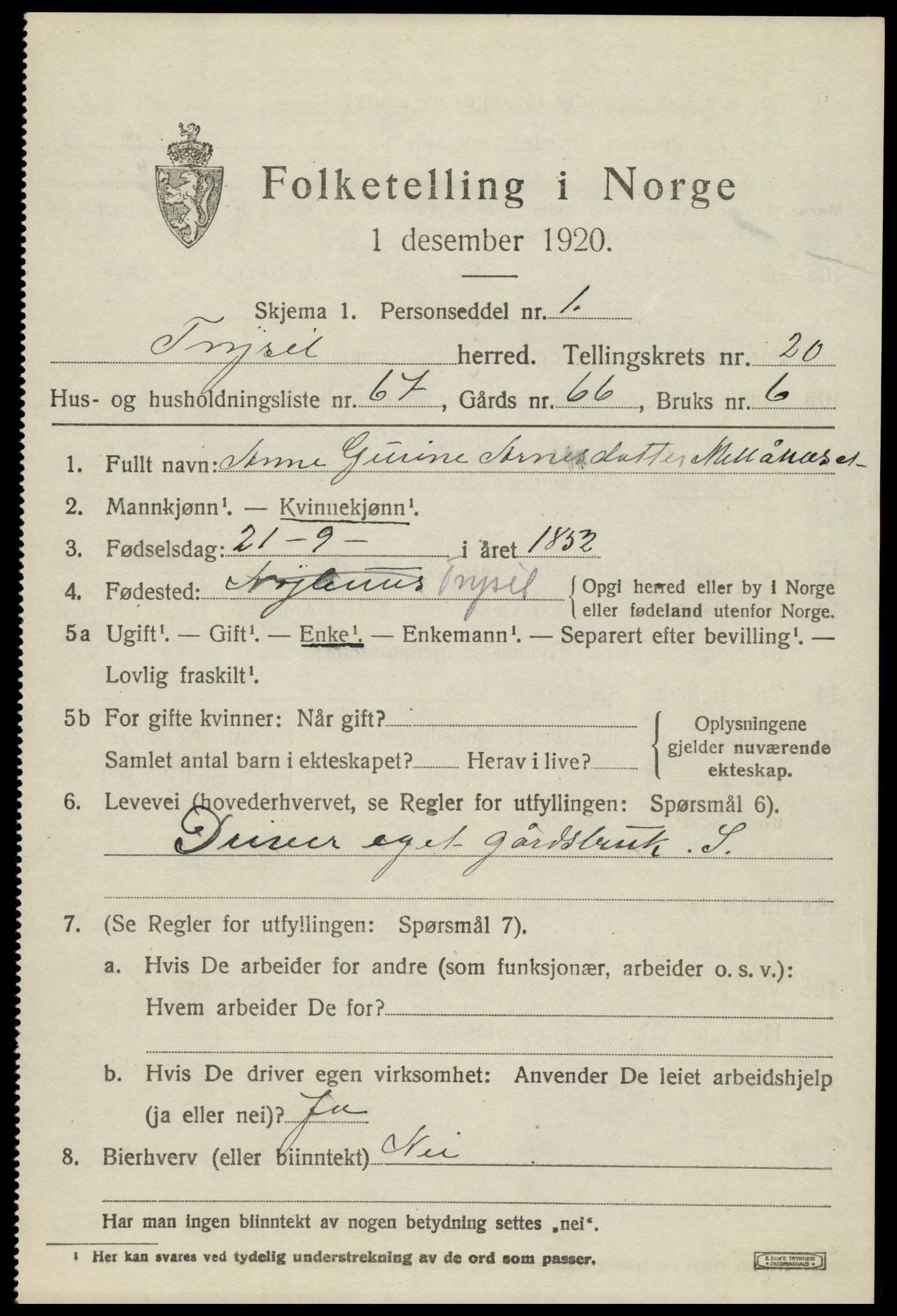 SAH, 1920 census for Trysil, 1920, p. 13763
