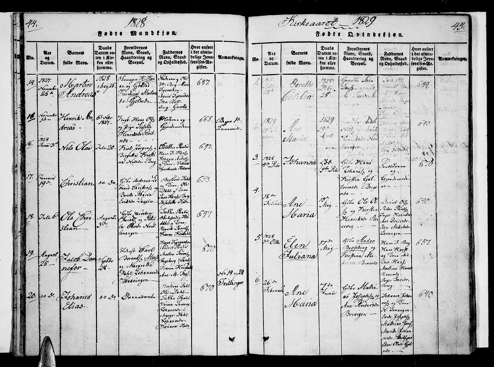 Karlsøy sokneprestembete, SATØ/S-1299/H/Ha/Haa/L0002kirke: Parish register (official) no. 2, 1823-1842, p. 44-45