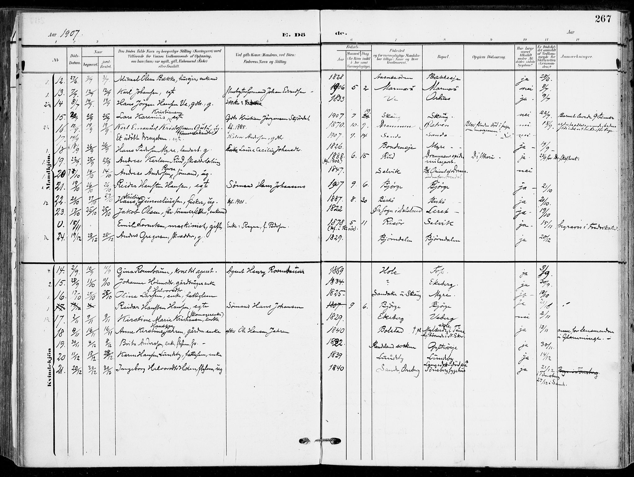 Sande Kirkebøker, AV/SAKO-A-53/F/Fa/L0008: Parish register (official) no. 8, 1904-1921, p. 267