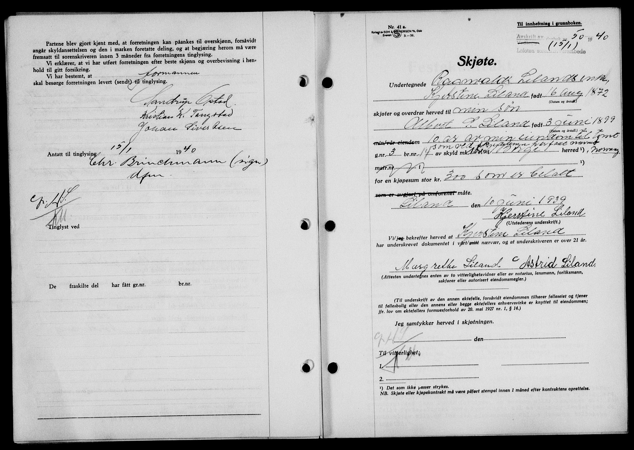 Lofoten sorenskriveri, SAT/A-0017/1/2/2C/L0007a: Mortgage book no. 7a, 1939-1940, Diary no: : 50/1940