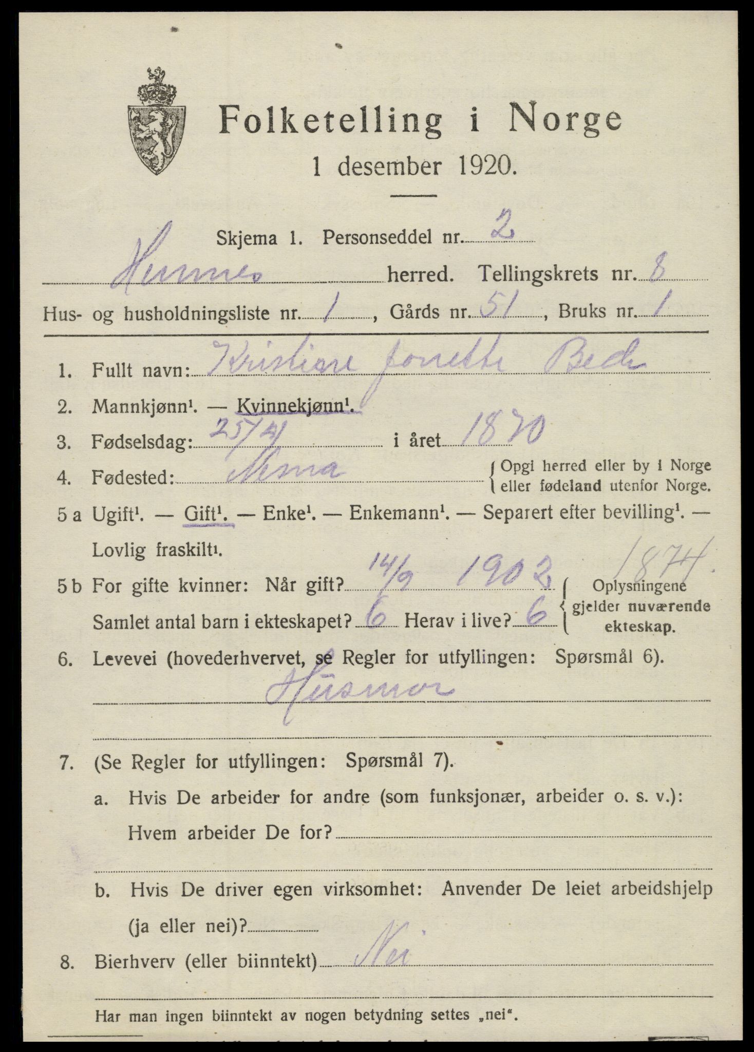 SAT, 1920 census for Hemnes, 1920, p. 7408