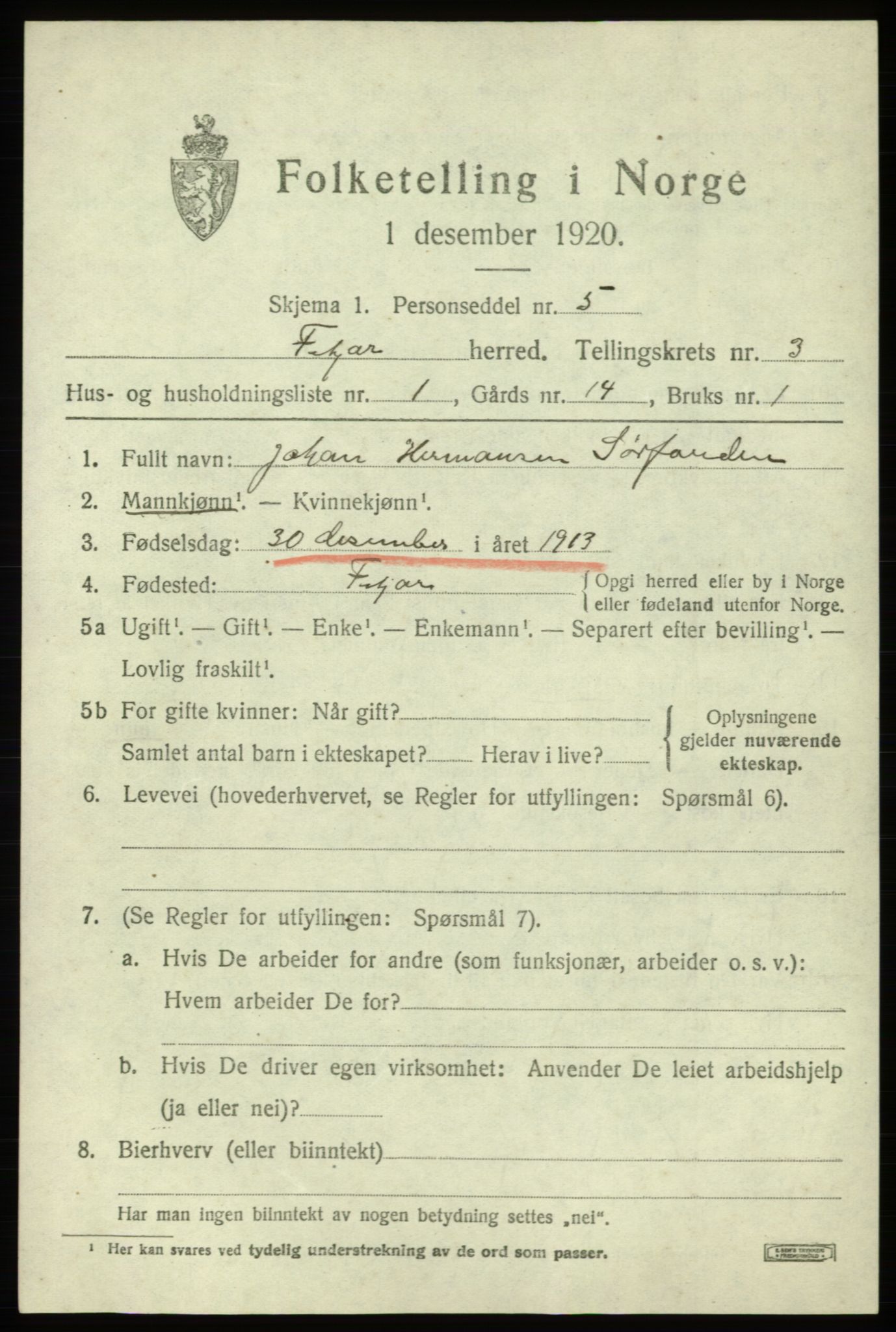 SAB, 1920 census for Fitjar, 1920, p. 2054