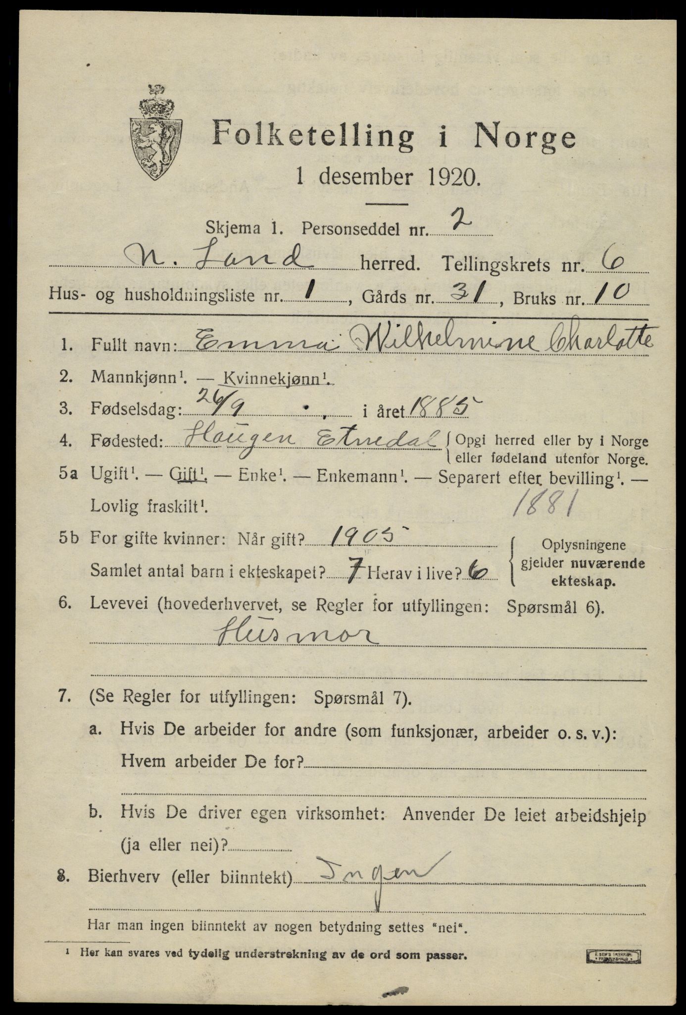SAH, 1920 census for Nordre Land, 1920, p. 3856