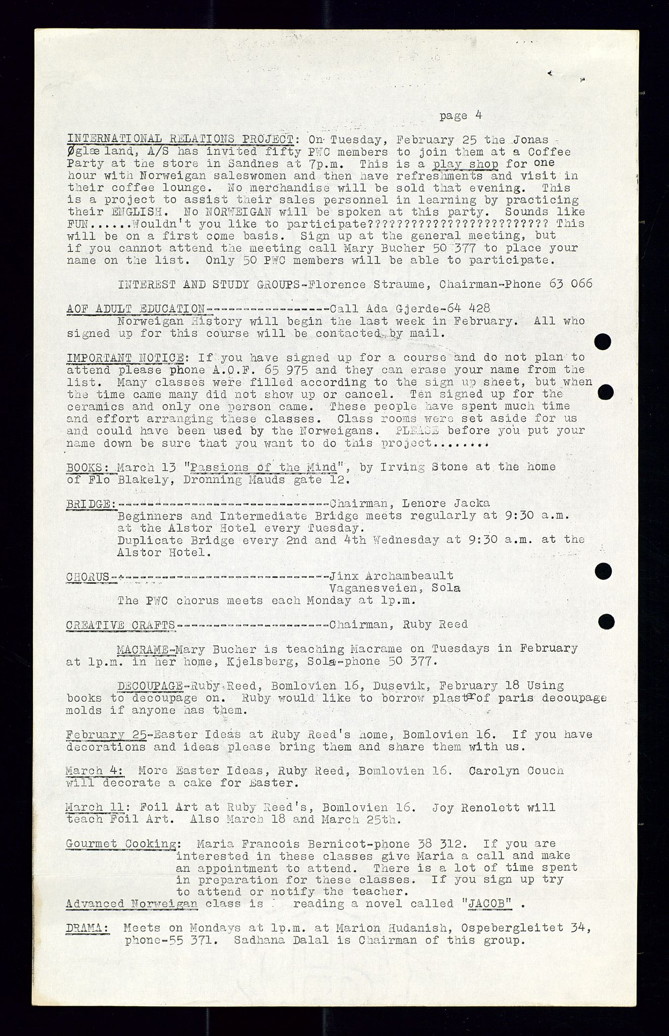 PA 1547 - Petroleum Wives Club, AV/SAST-A-101974/X/Xa/L0001: Newsletters (1971-1978)/radiointervjuer på kasett (1989-1992), 1970-1978