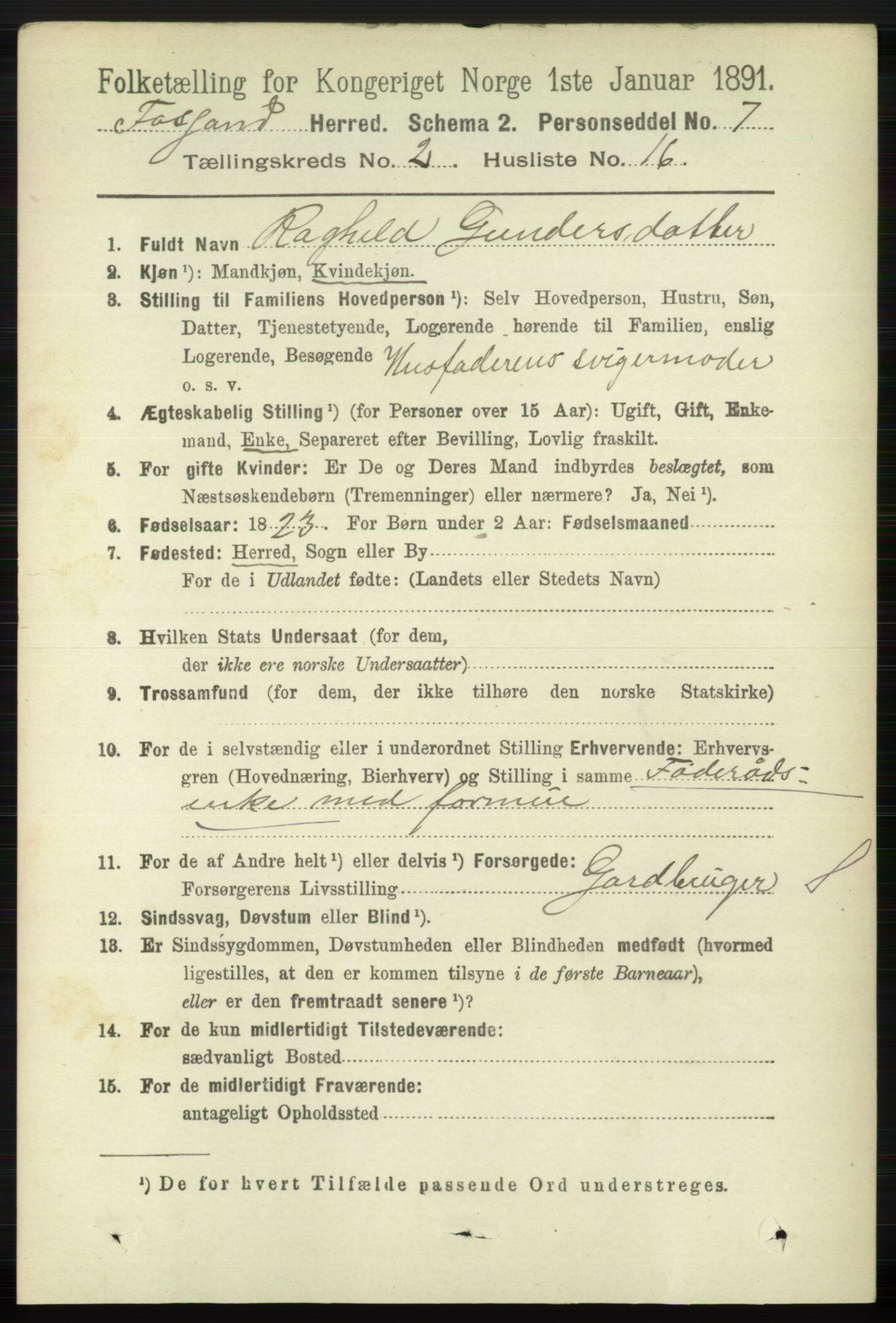 RA, 1891 census for 1129 Forsand, 1891, p. 291