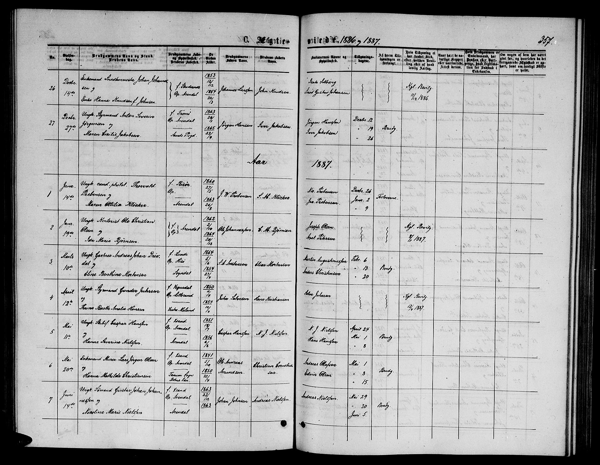 Arendal sokneprestkontor, Trefoldighet, AV/SAK-1111-0040/F/Fb/L0005: Parish register (copy) no. B 5, 1874-1888, p. 357