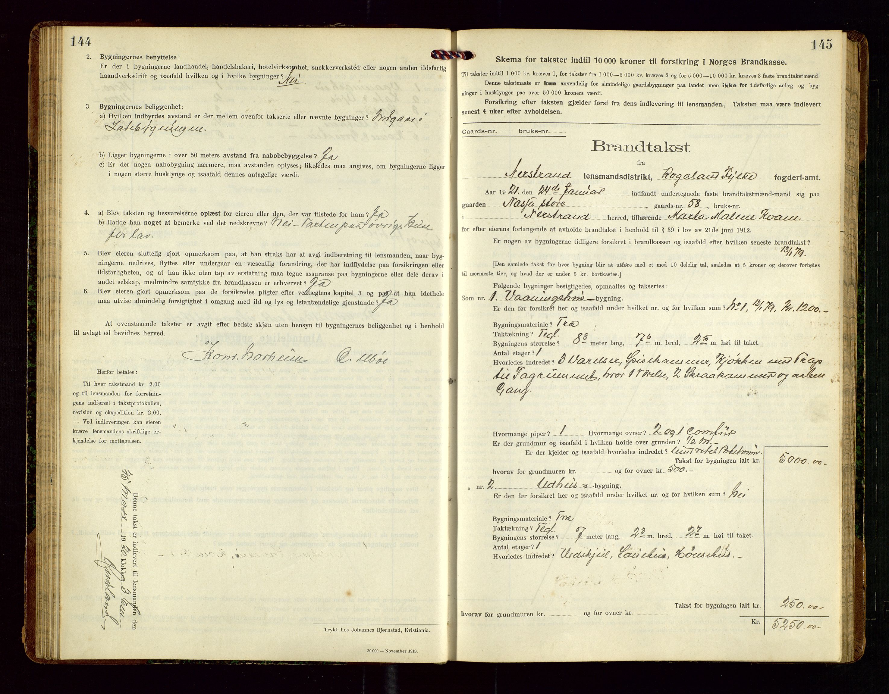 Nedstrand lensmannskontor, AV/SAST-A-100236/Gob/L0002: "Brandtakstprotokol for Nerstrand lensmandsdistrikt Rogaland Fylke", 1916-1949, p. 144-145