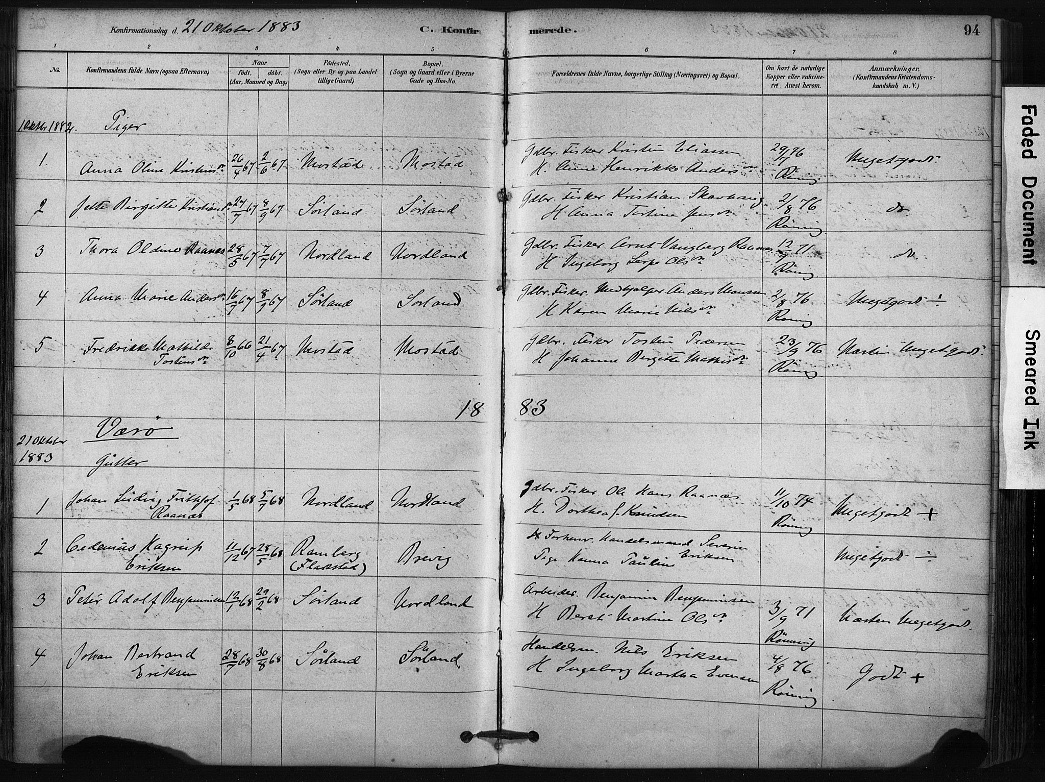 Ministerialprotokoller, klokkerbøker og fødselsregistre - Nordland, AV/SAT-A-1459/807/L0122: Parish register (official) no. 807A05, 1880-1902, p. 94