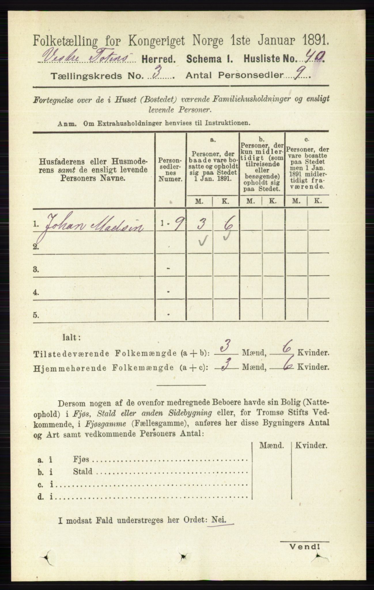 RA, 1891 census for 0529 Vestre Toten, 1891, p. 1904