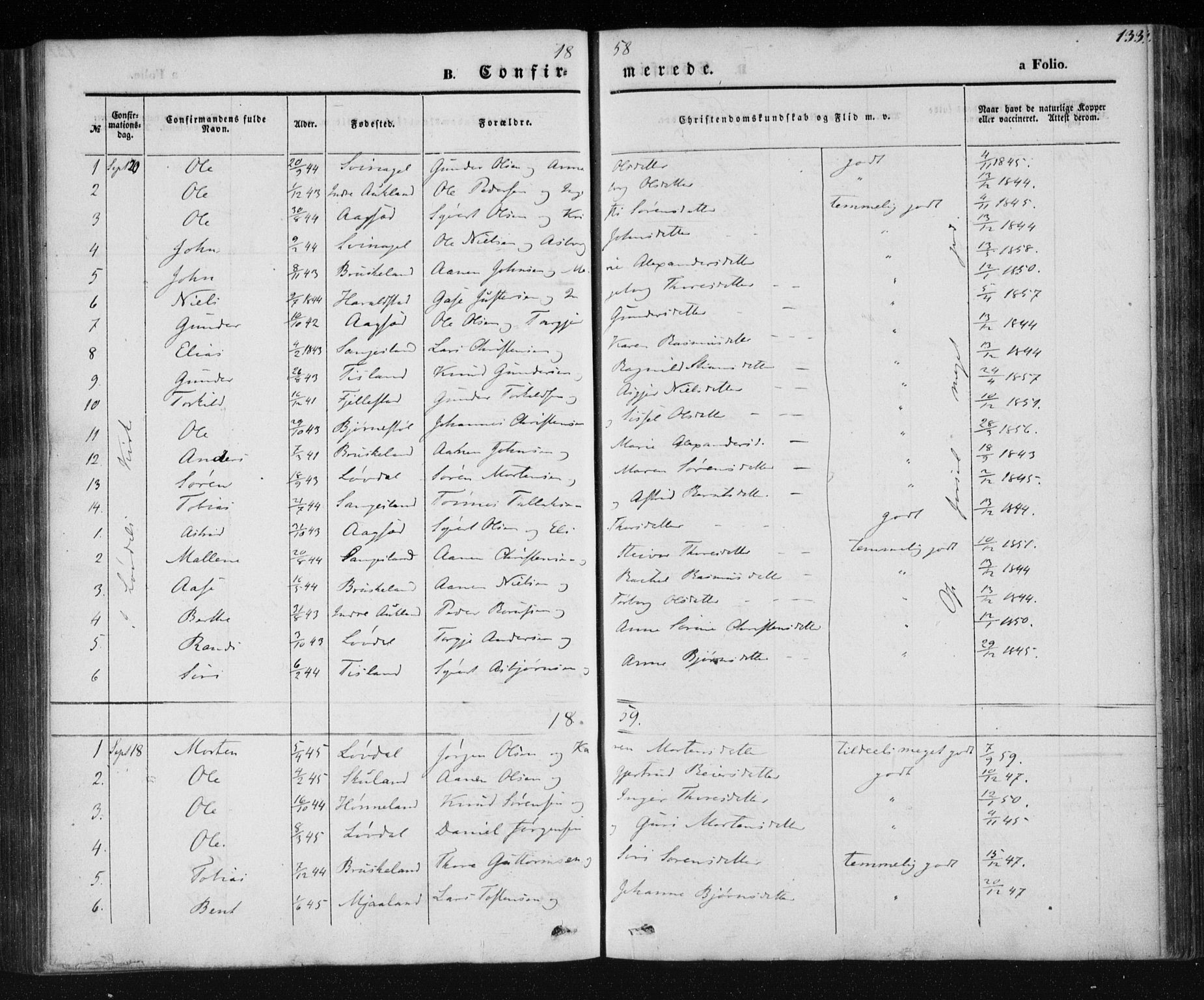 Holum sokneprestkontor, SAK/1111-0022/F/Fa/Fab/L0005: Parish register (official) no. A 5, 1847-1874, p. 133