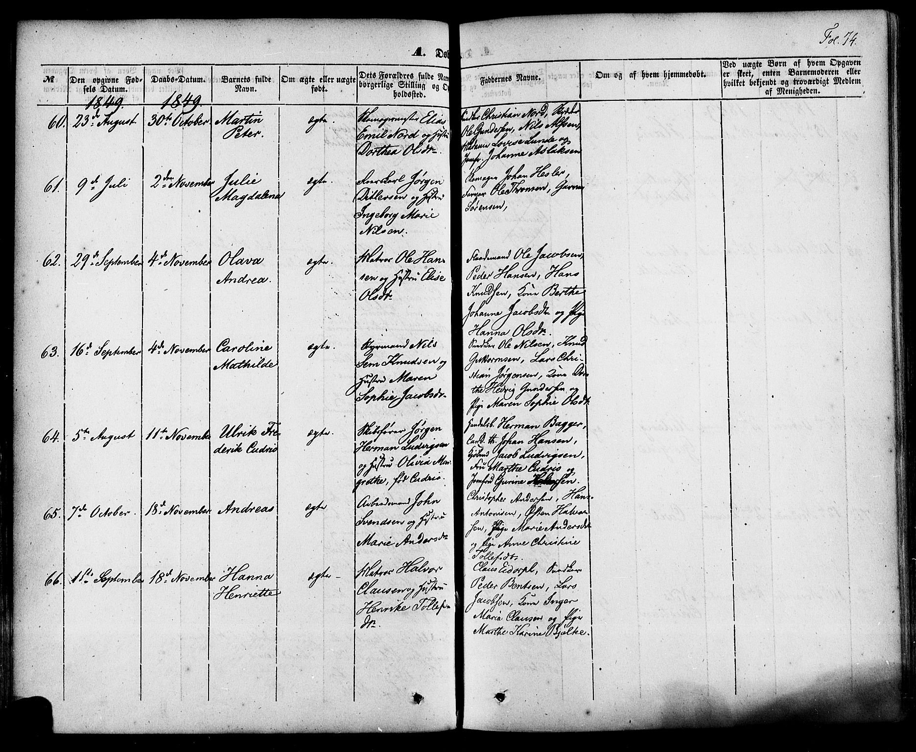 Skien kirkebøker, AV/SAKO-A-302/F/Fa/L0006a: Parish register (official) no. 6A, 1843-1856, p. 74