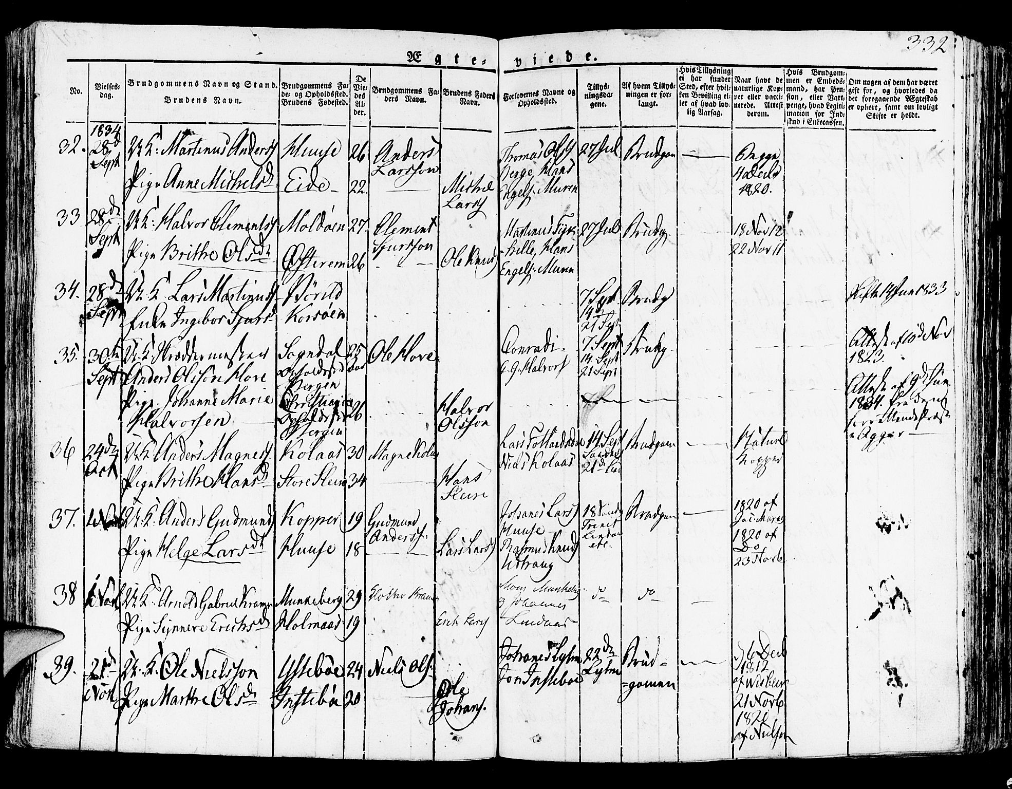 Lindås Sokneprestembete, AV/SAB-A-76701/H/Haa/Haaa/L0008: Parish register (official) no. A 8, 1823-1836, p. 332