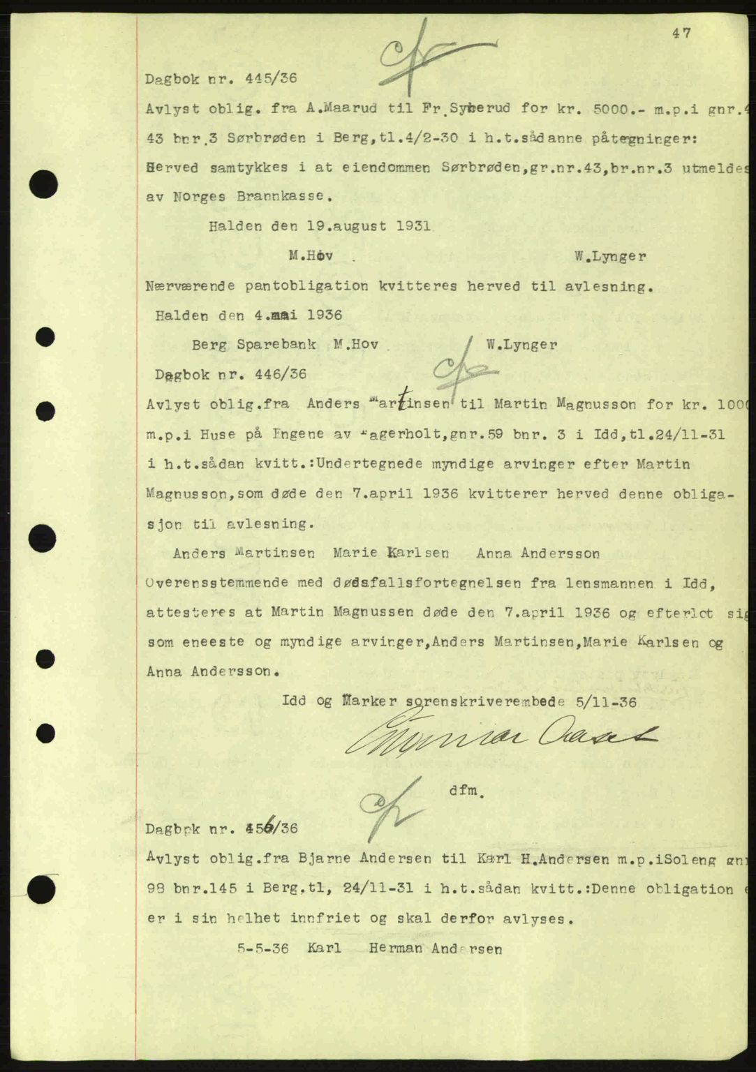 Idd og Marker sorenskriveri, AV/SAO-A-10283/G/Gb/Gbc/L0001: Mortgage book no. B1-3, 1936-1939, Diary no: : 445/1936