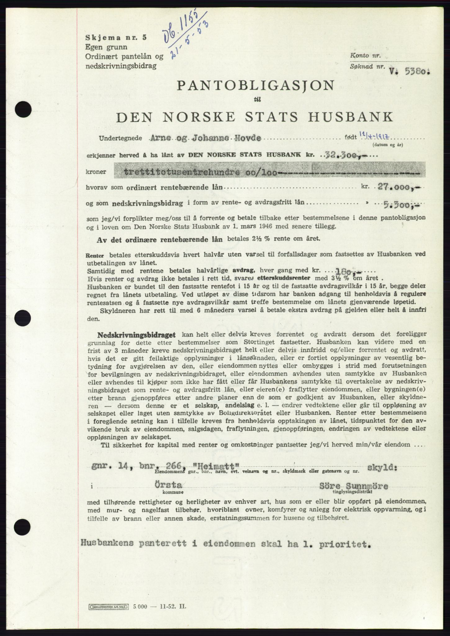 Søre Sunnmøre sorenskriveri, AV/SAT-A-4122/1/2/2C/L0123: Mortgage book no. 11B, 1953-1953, Diary no: : 1155/1953