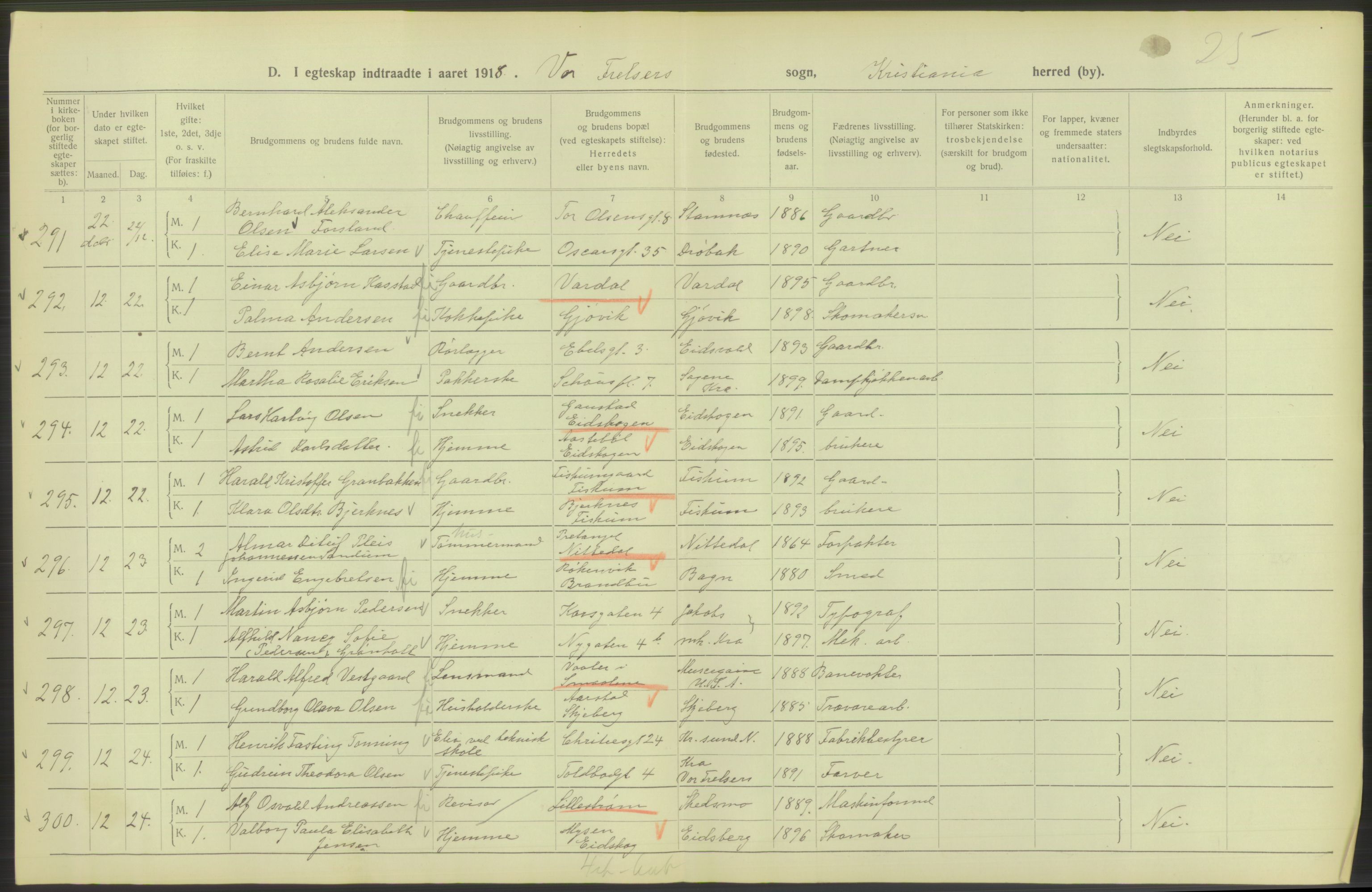 Statistisk sentralbyrå, Sosiodemografiske emner, Befolkning, AV/RA-S-2228/D/Df/Dfb/Dfbh/L0009: Kristiania: Gifte, 1918, p. 118