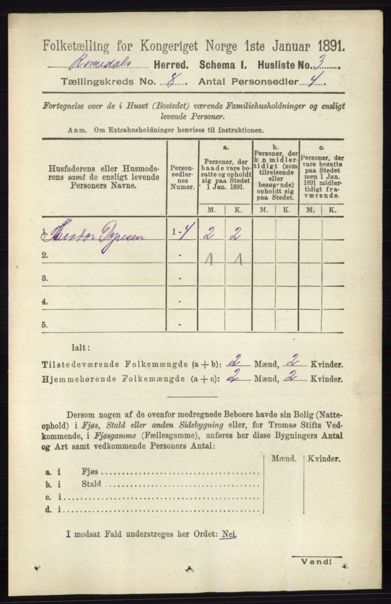 RA, 1891 census for 0416 Romedal, 1891, p. 3911