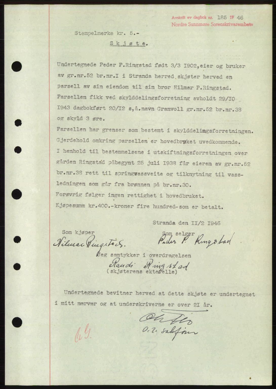 Nordre Sunnmøre sorenskriveri, AV/SAT-A-0006/1/2/2C/2Ca: Mortgage book no. A20b, 1946-1946, Diary no: : 185/1946