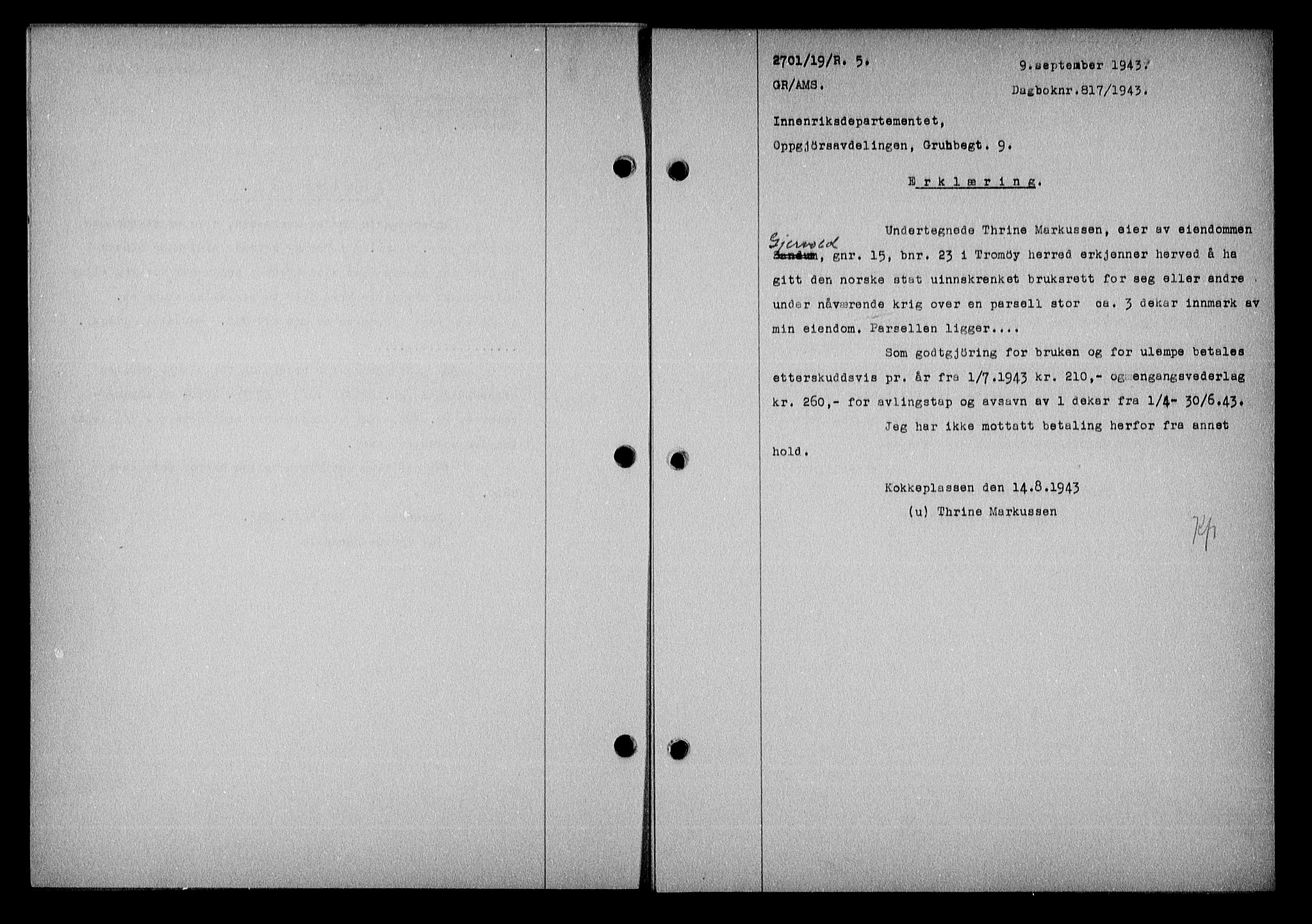 Nedenes sorenskriveri, SAK/1221-0006/G/Gb/Gba/L0051: Mortgage book no. A-V, 1943-1944, Diary no: : 817/1943