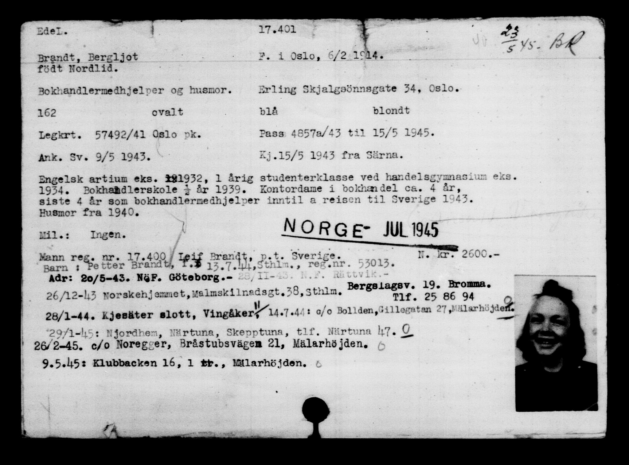 Utenriksstasjonene, Legasjonen i Stockholm, Flyktningkontoret, AV/RA-S-6753/V/Va/L0008: Kjesäterkartoteket, flyktninger med registreringsnr. 15700-18547, 1940-1945, p. 1884