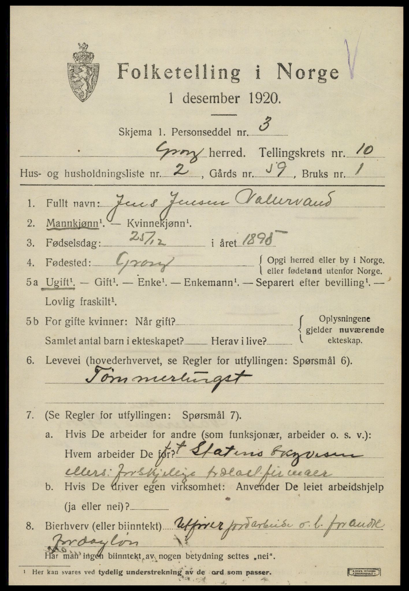 SAT, 1920 census for Grong, 1920, p. 5601