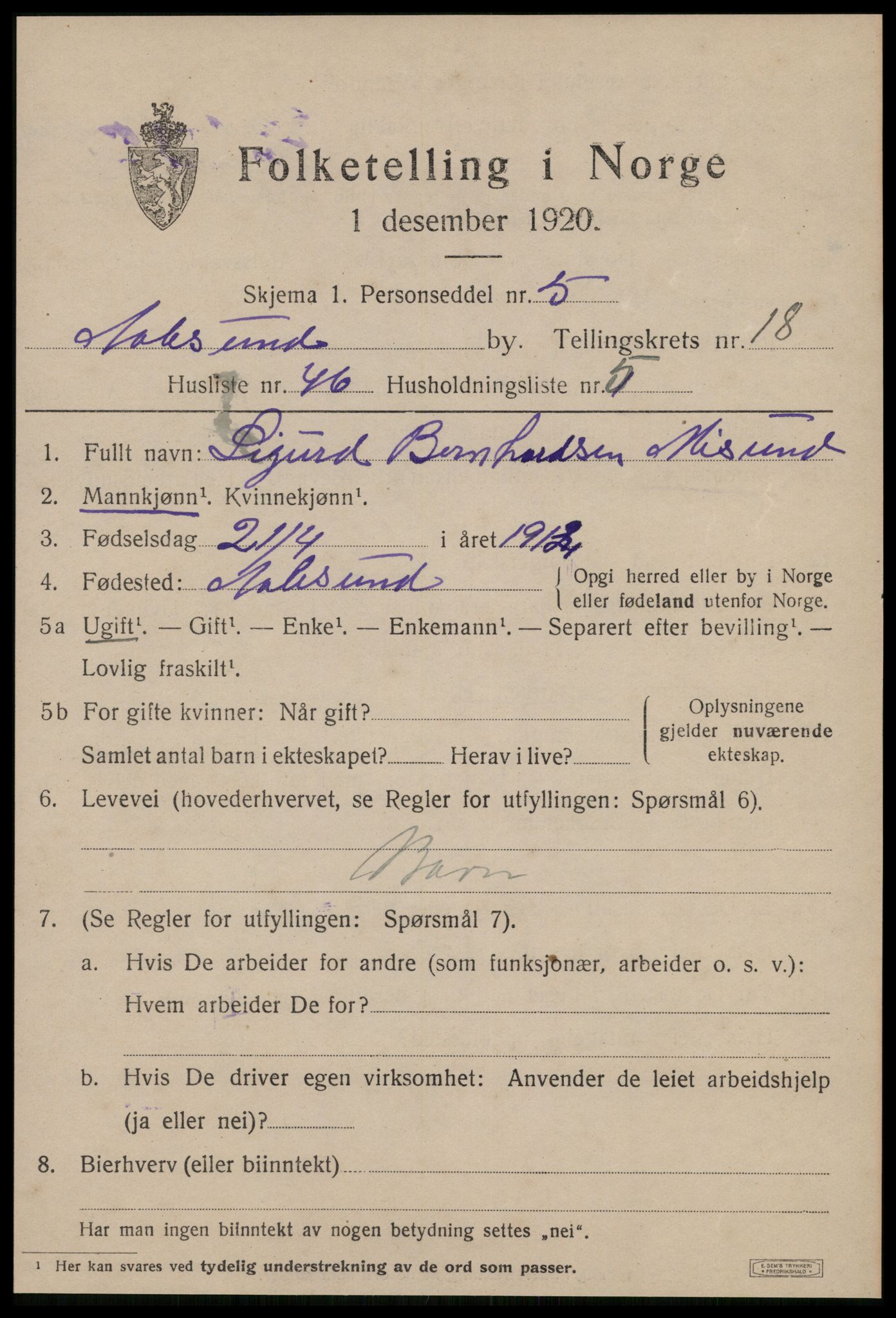 SAT, 1920 census for Ålesund, 1920, p. 35602