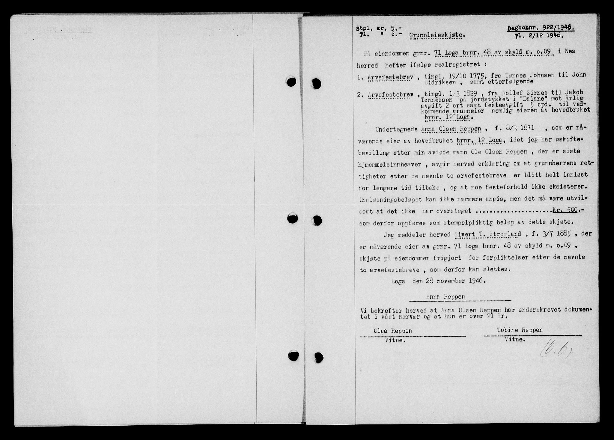 Flekkefjord sorenskriveri, SAK/1221-0001/G/Gb/Gba/L0061: Mortgage book no. A-9, 1946-1947, Diary no: : 922/1946